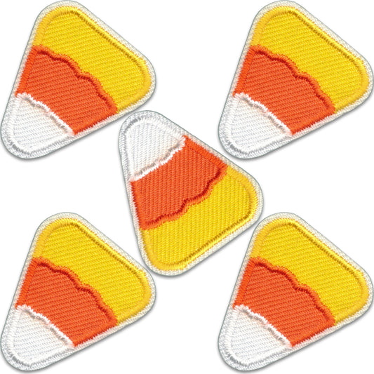 The Laughing Lizards Candy Corn Patches (5-Pack) are embroidered iron-on appliques, perfect for Halloween decorations or costumes.