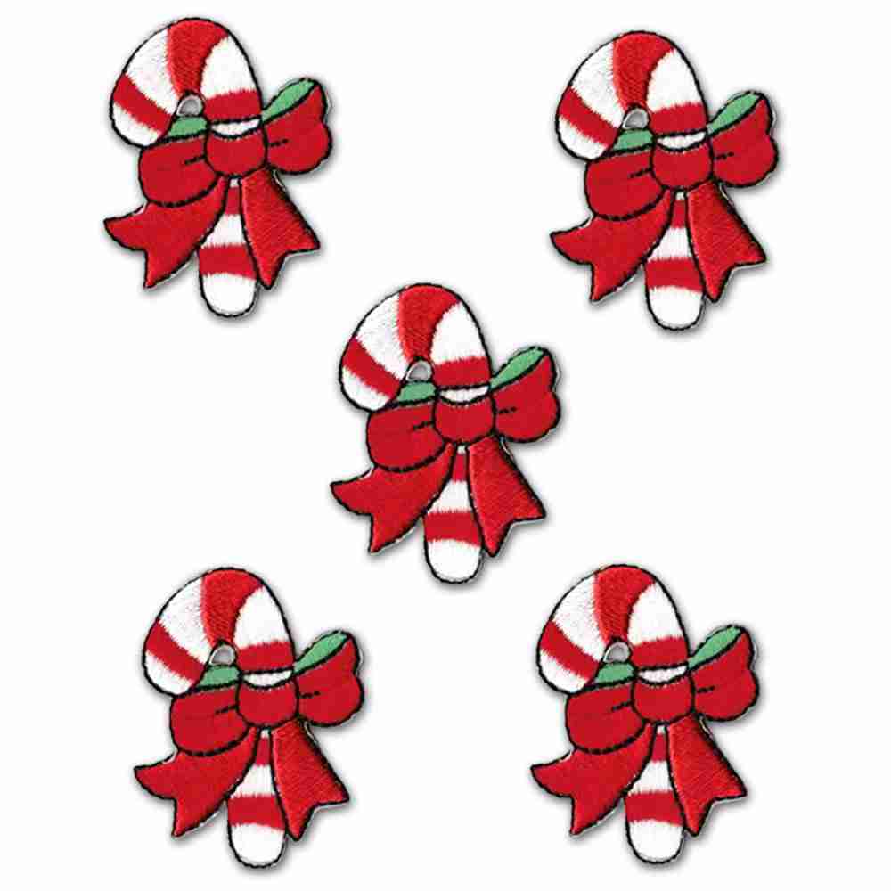 Four Candy Cane Patches (5-Pack) Christmas Embroidered Iron On Patch Applique with bows on them.