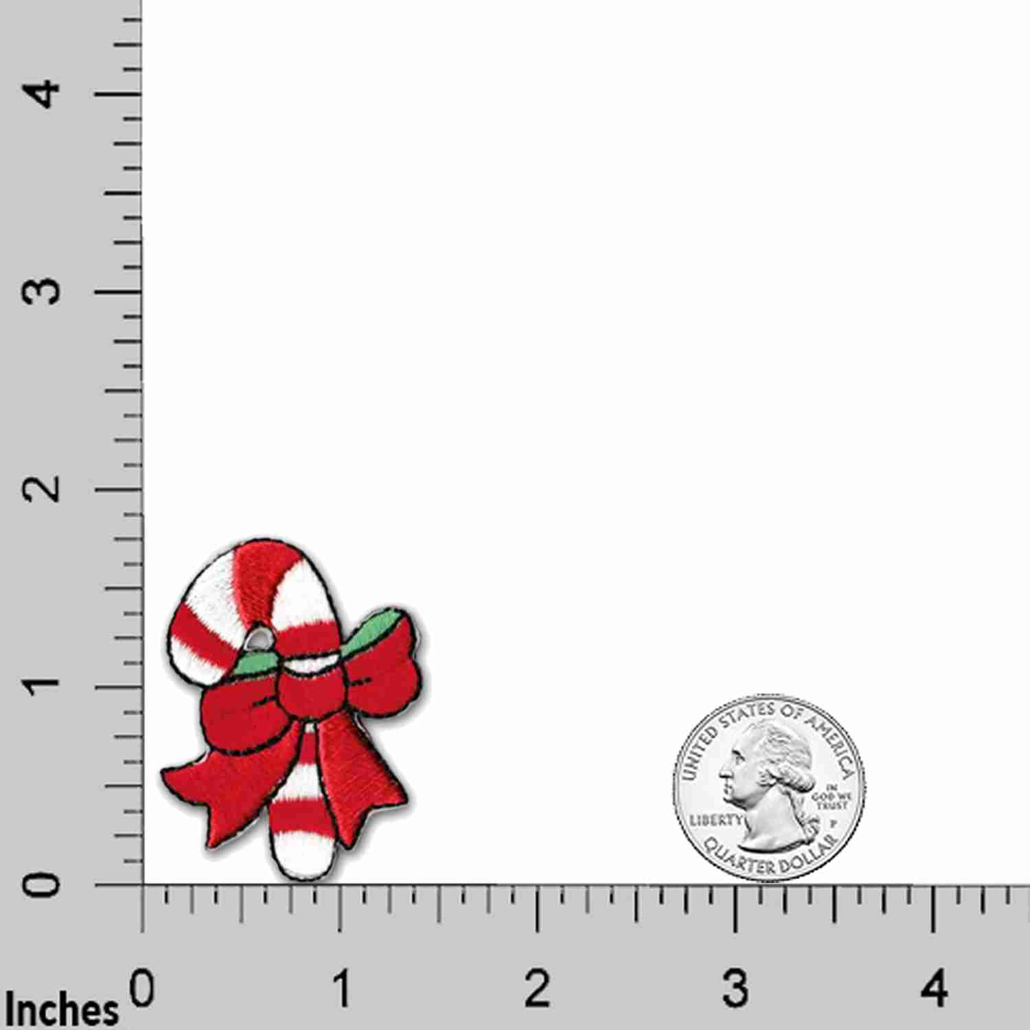 Candy Cane Patches (5-Pack) Christmas Embroidered Iron On Patch Applique is shown next to a ruler.