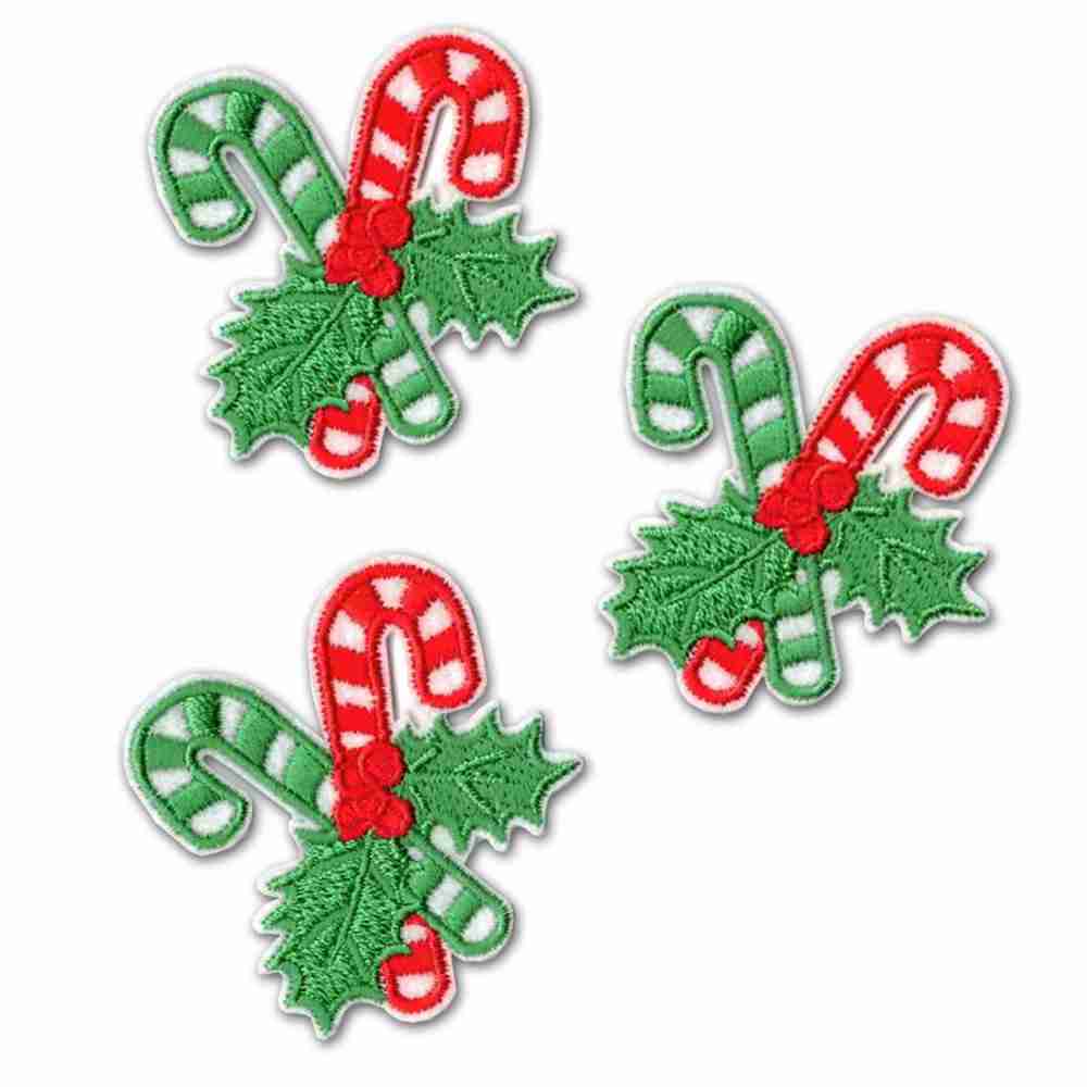 Three Candy Canes Patches (3-Pack) Christmas Embroidered Iron On Patch Appliques with holly leaves.