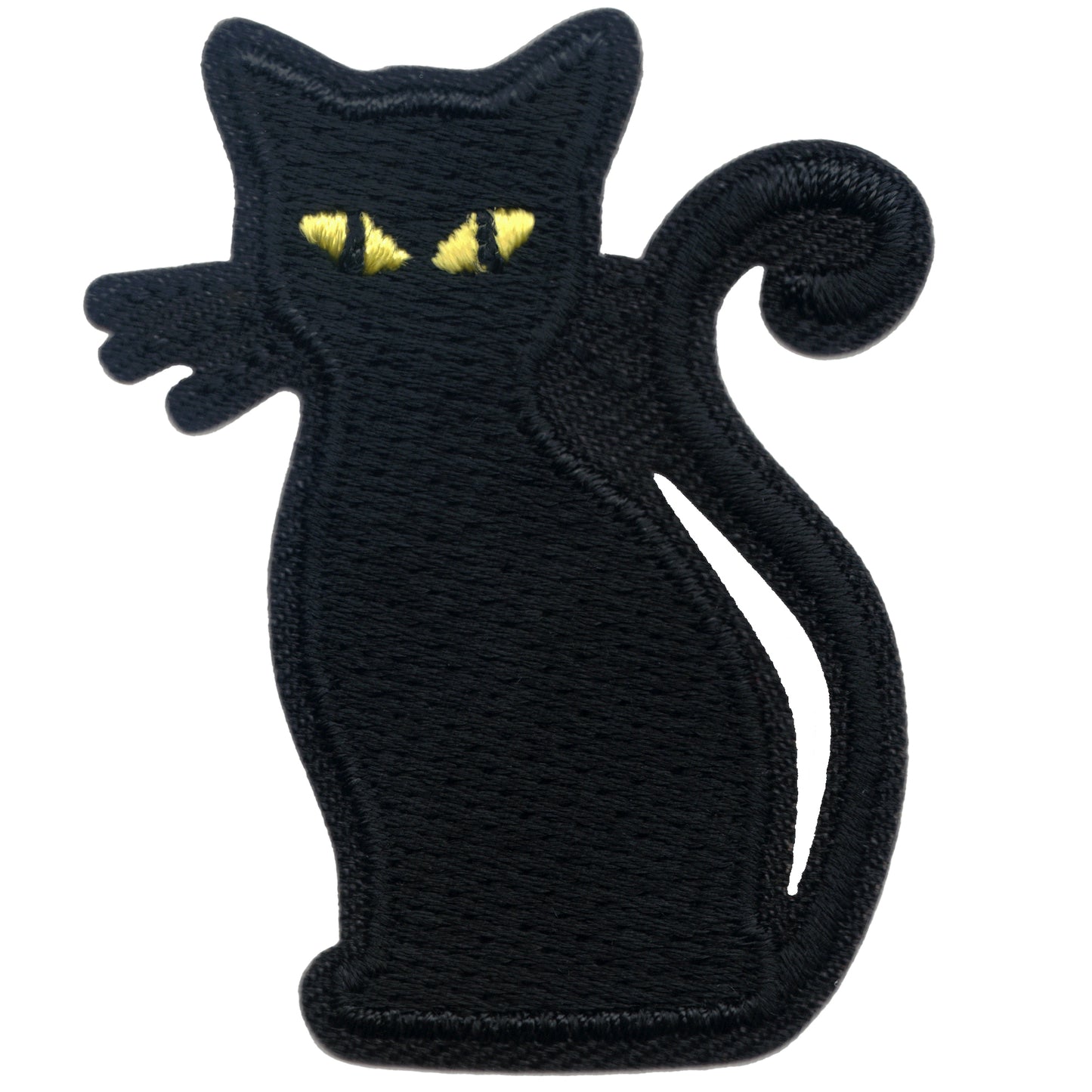 Laughing Lizards Black Cat Patches (5-Pack) are embroidered iron-on appliques, featuring side-view black cats with yellow eyes and curled tails—ideal Halloween decorations for outfits or accessories.