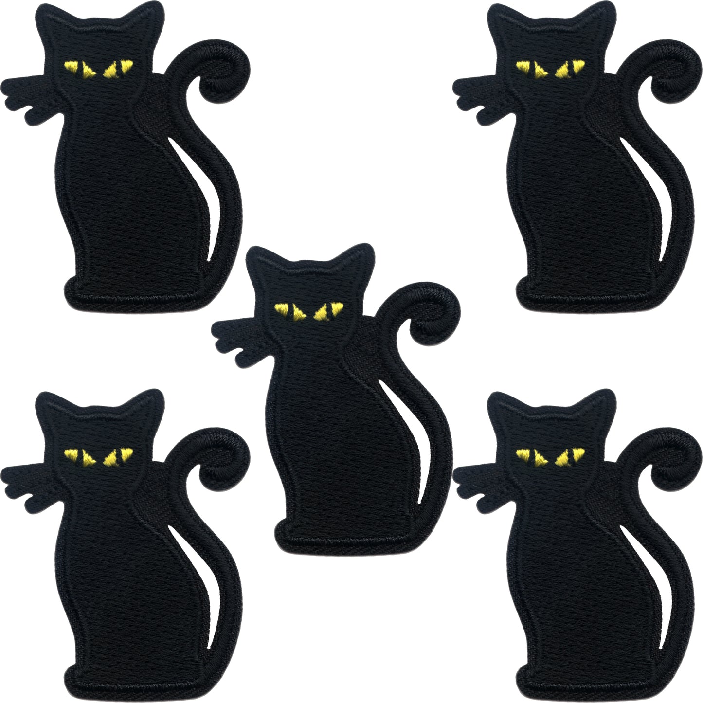 Five Laughing Lizards Black Cat Patches (5-Pack) Halloween Embroidered Iron On Appliques with yellow eyes are arranged on a white background, ideal for adding a spooky touch to your Halloween décor.