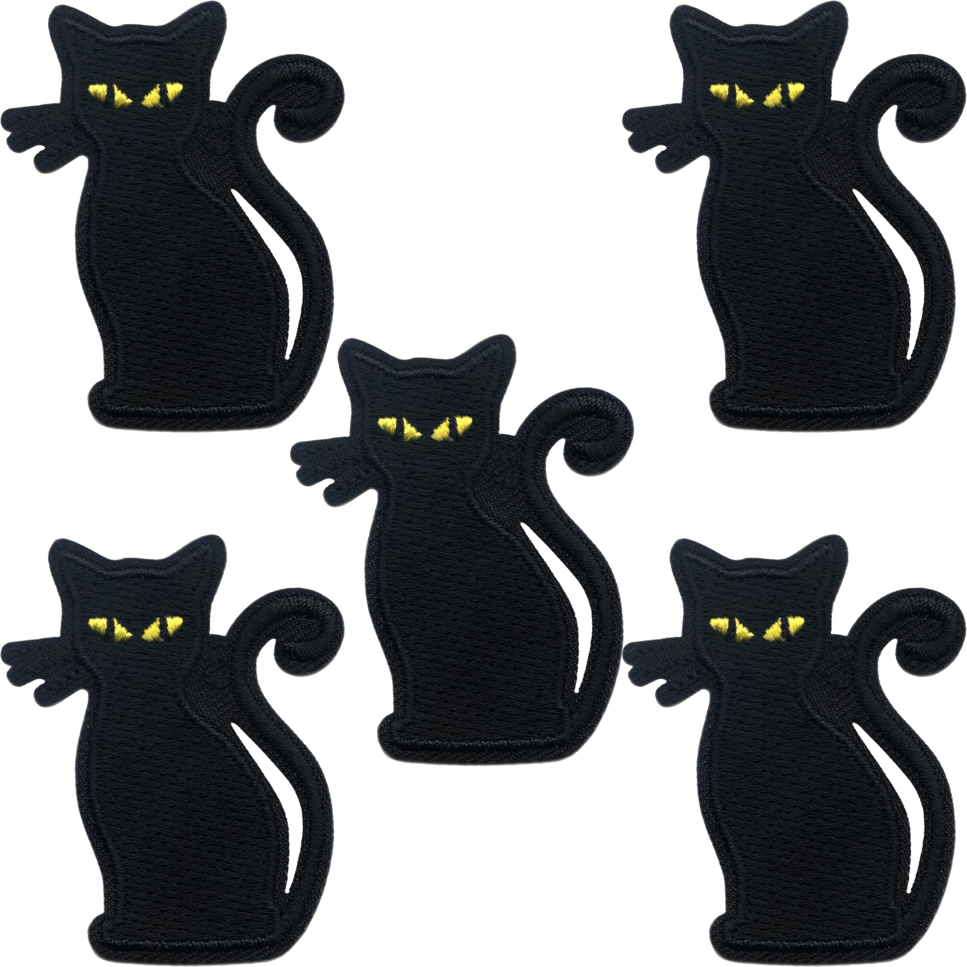 Five Laughing Lizards Black Cat Patches (5-Pack) Halloween Embroidered Iron On Appliques with yellow eyes are arranged on a white background, ideal for adding a spooky touch to your Halloween décor.