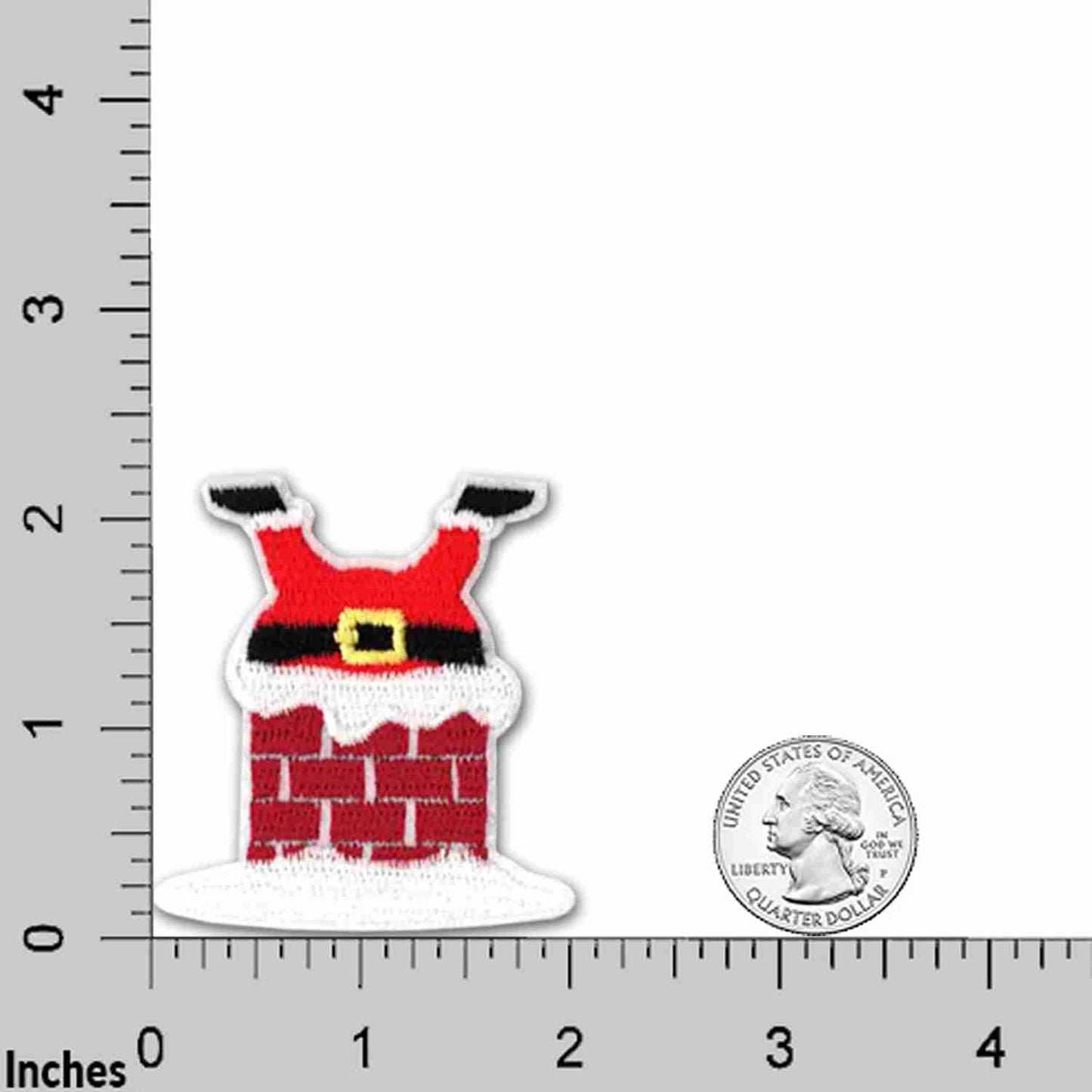 Santa Stuck in Chimney Patches (3-Pack) Christmas Iron On Patch Applique with a ruler next to it.