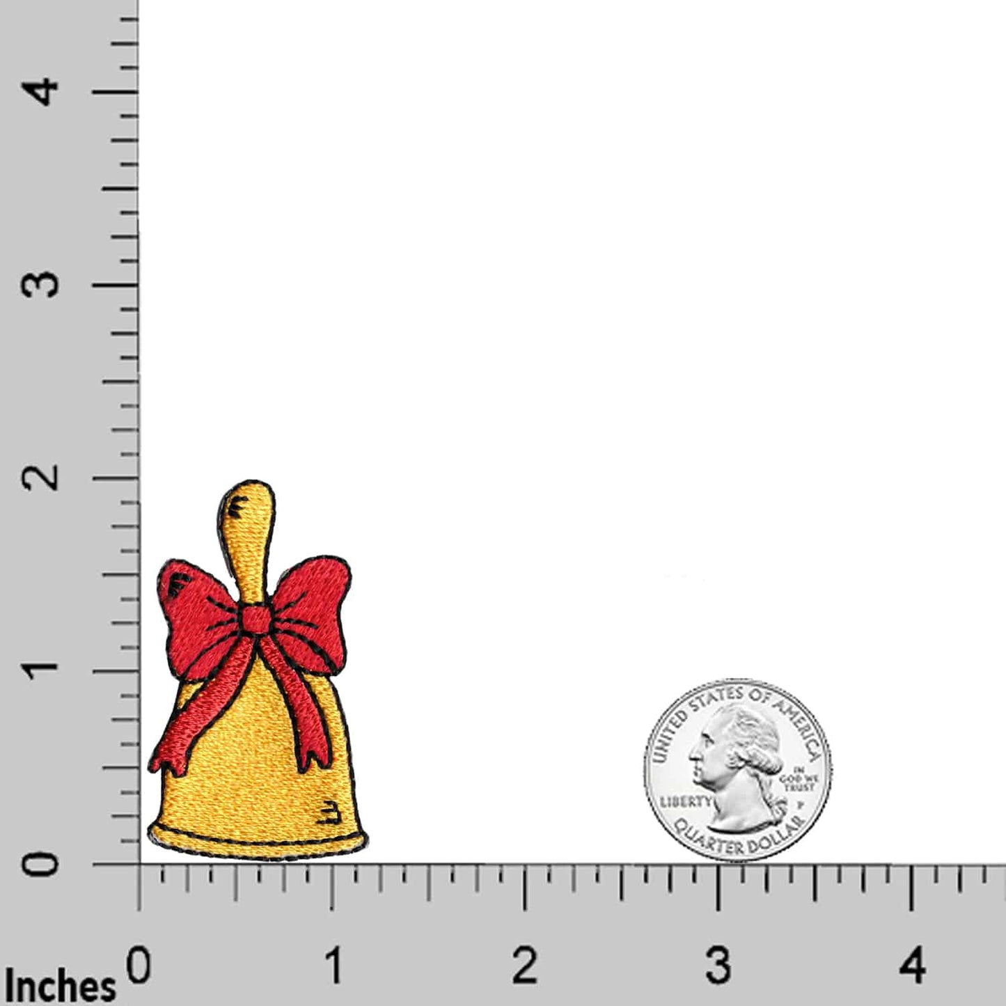 The Laughing Lizards Christmas Bell (3 Pack) Embroidered Iron On Patch Applique features a small yellow bell with a red bow, shown next to a U.S. quarter and ruler for scale, measuring about 2 inches tall.