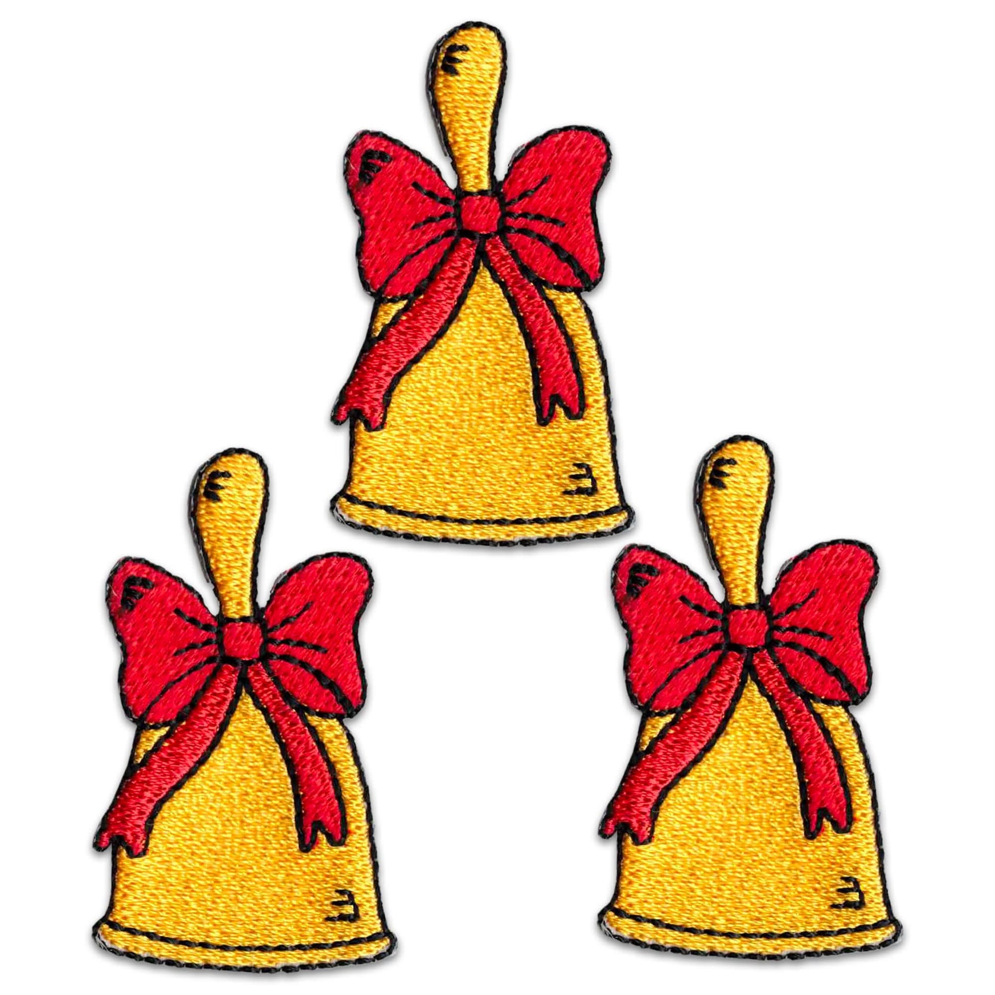 The Laughing Lizards Christmas Bell (3 Pack) features yellow bells with red bows in a triangular design on white, creating a festive embroidered iron-on patch applique perfect for Christmas crafts.