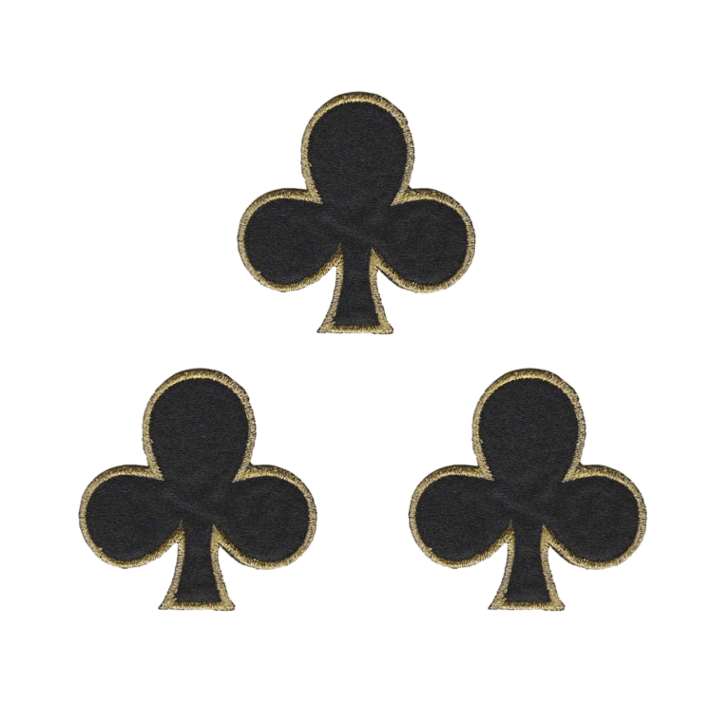 The Laughing Lizards Club Card (3-Pack) Iron On Patch features three black club symbols with gold borders in a triangle on a white background, creating a bold embroidered card suit design.