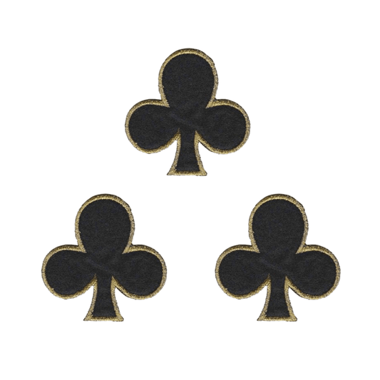 The Laughing Lizards Club Card (3-Pack) Iron On Patch features three black club symbols with gold borders in a triangle on a white background, creating a bold embroidered card suit design.