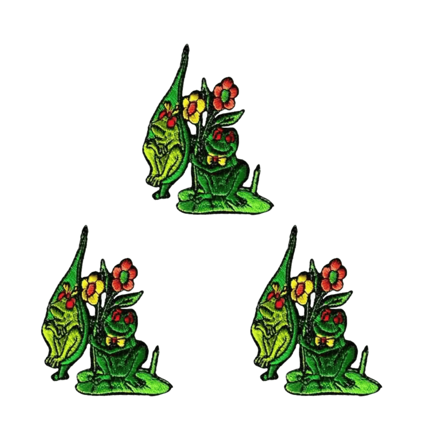 Three Courting Frog on Lilypad patches by Laughing Lizards, arranged in a triangle on white. This 3 pack is perfect as DIY craft or iron-on appliqué patches to add playful charm to your projects.