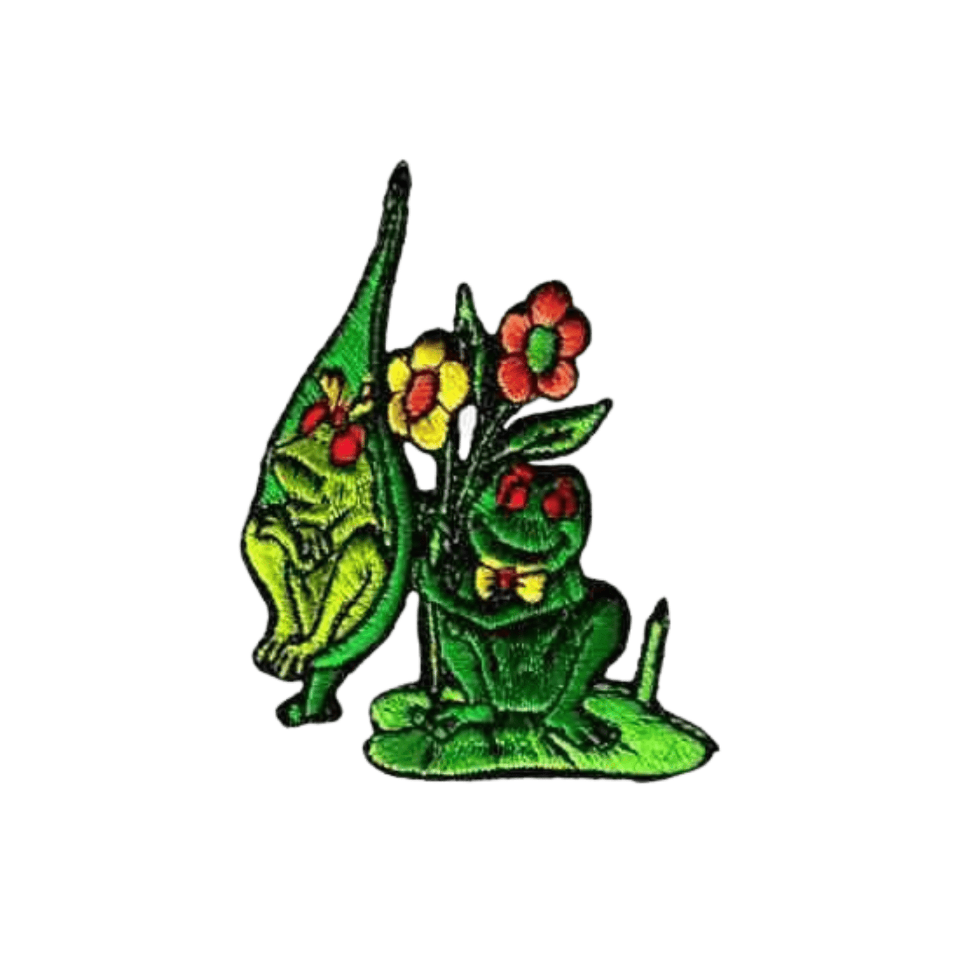 The Laughing Lizards Courting Frog on Lilypad Iron On Patch (3 Pack) features two green frogs, one holding a leaf, the other a flower stem—perfect for DIY crafts or as an applique.