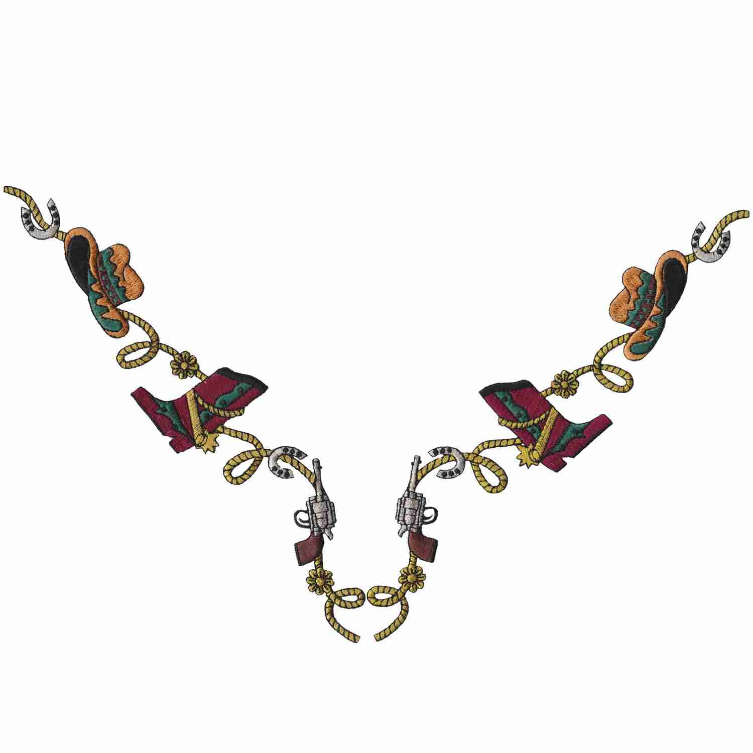 A necklace with a Cowboy's Gun, Boot, Hat Western Neckline Iron On Patch.