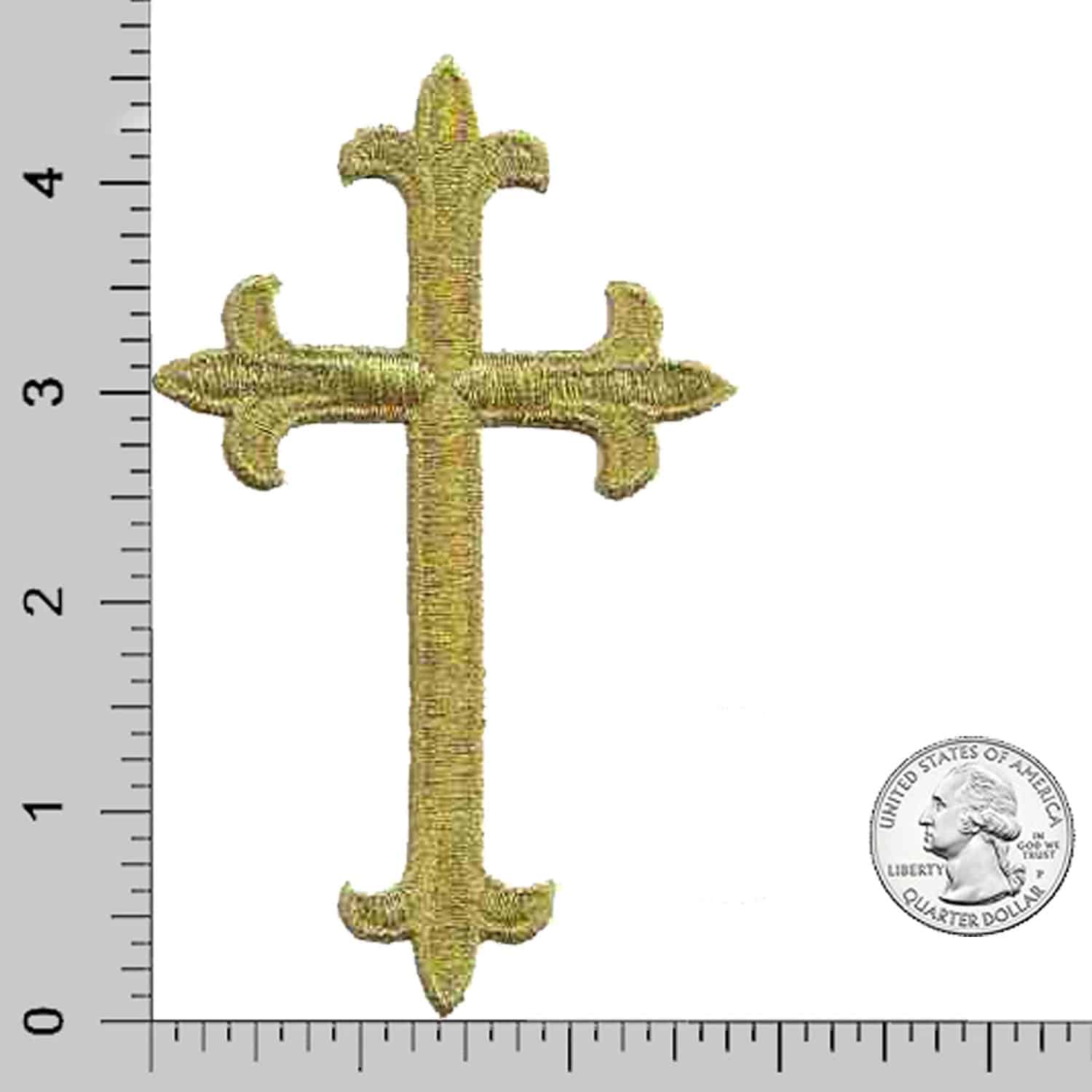 A Gold Cross Patches (2-Pack) Religious Embroidered Iron On Patch Appliques with a ruler next to it.