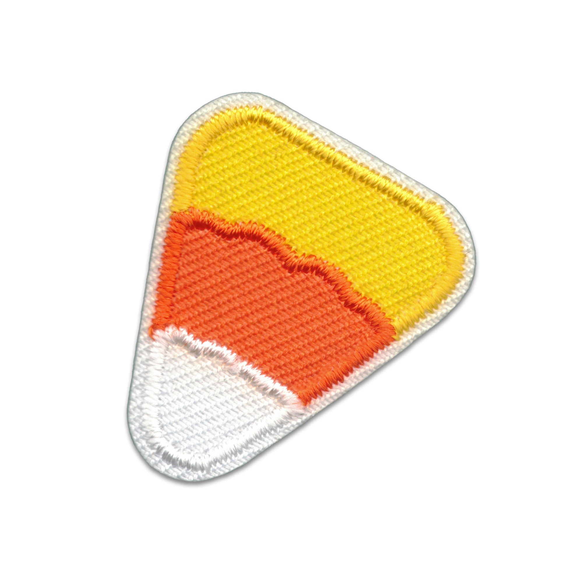 Laughing Lizards Candy Corn Patches (5-Pack) are embroidered iron-on appliques with yellow, orange, and white sections plus a white border—ideal as festive Halloween decorations for jackets or bags.