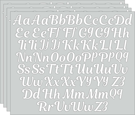 The Laughing Lizards Cursive White Transfer Alphabet Kit includes 208 adhesive uppercase and lowercase monogram letters, plus numbers like 3—ideal for customizing clothing or designs.