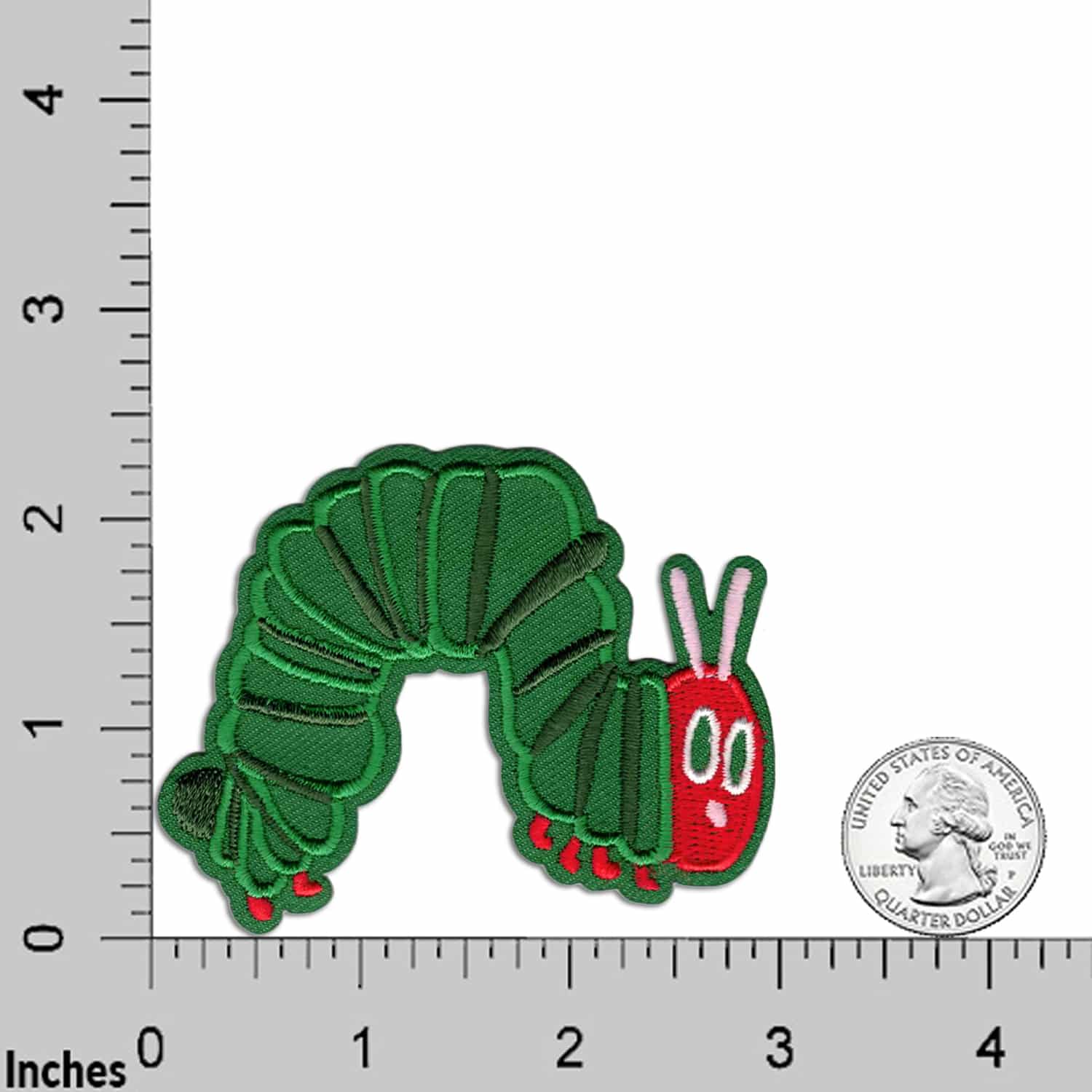 The Laughing Lizards Cute Caterpillar (2-Pack) Embroidered Iron on Patch Applique is shown on a white background beside a U.S. quarter and an inch ruler, highlighting its size for DIY crafts.
