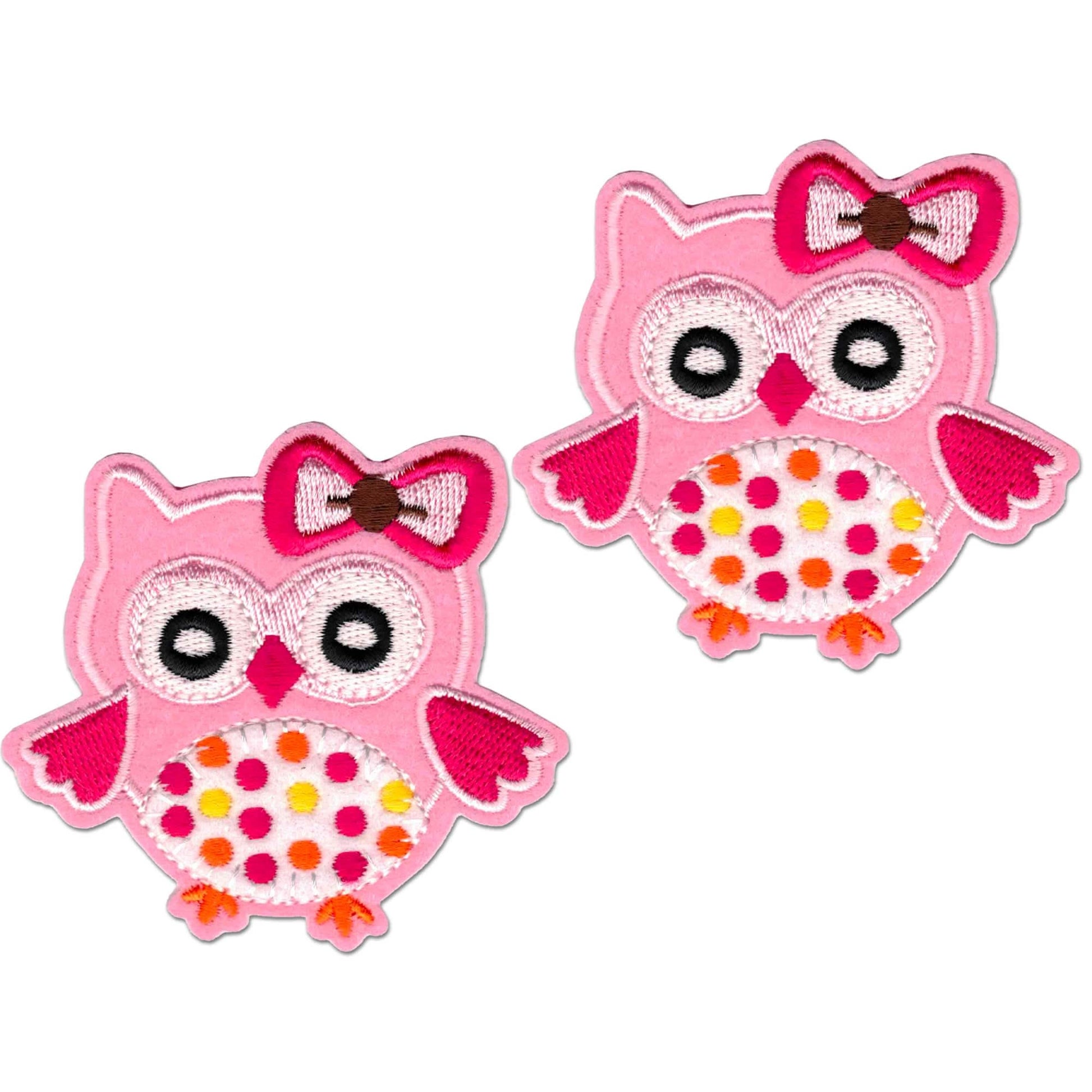 The Laughing Lizards Cute Pink Owl (2-Pack) Embroidered Iron on Patch Applique features pink owls with polka-dot bellies and bows, perfect for DIY projects. Set includes two patches on a white background.