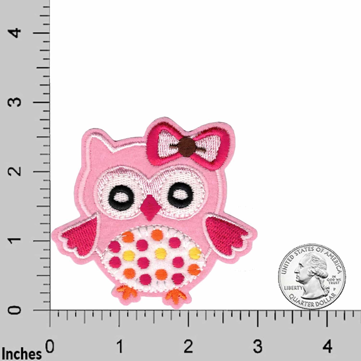 The Laughing Lizards Cute Pink Owl (2-Pack) Embroidered Iron on Patch Applique is shown beside a U.S. quarter and an inch ruler for scale—ideal for DIY projects or as a fun applique accent.