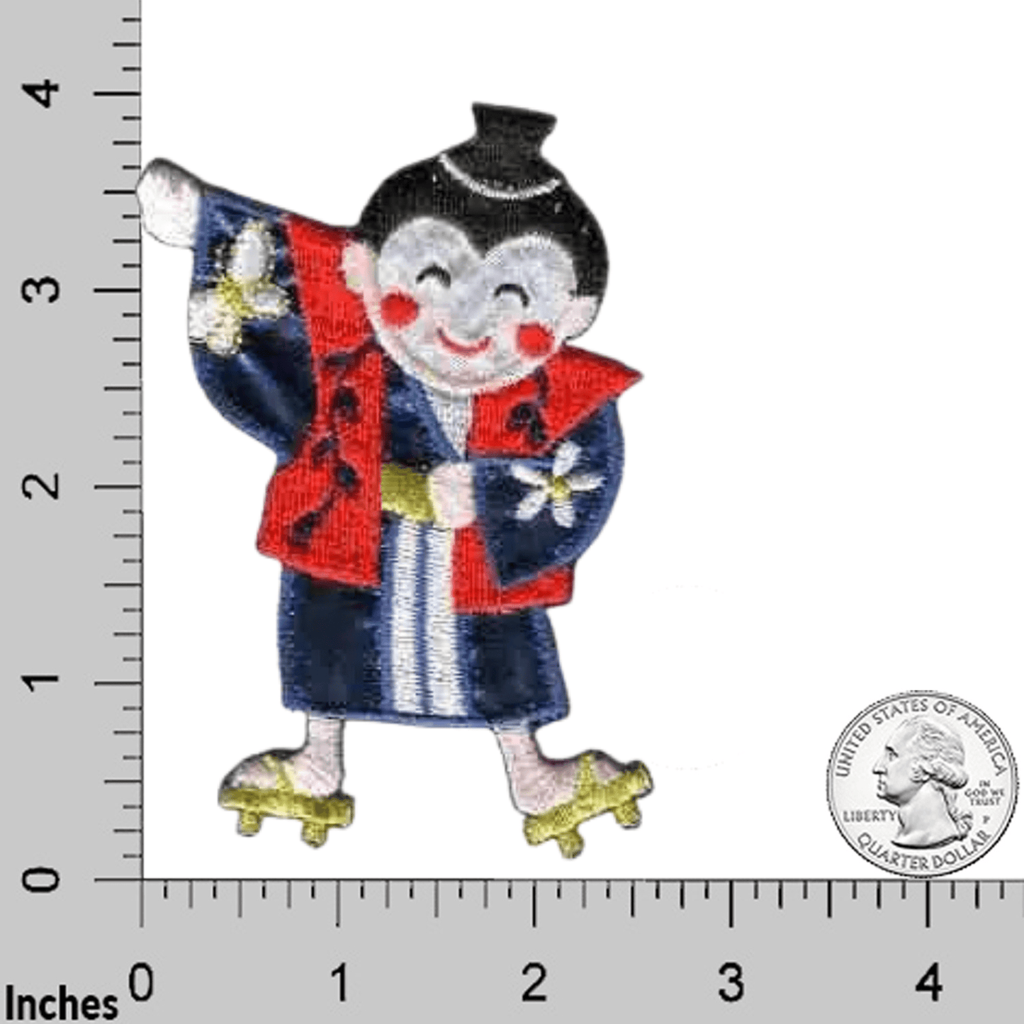 Laughing Lizards Dancing Asian Boy Embroidered Iron On Patch (2-Pack): features a smiling character in traditional attire with one arm raised, ideal for Chinese New Year or kids' clothing. Shown next to a ruler and US quarter for size reference.