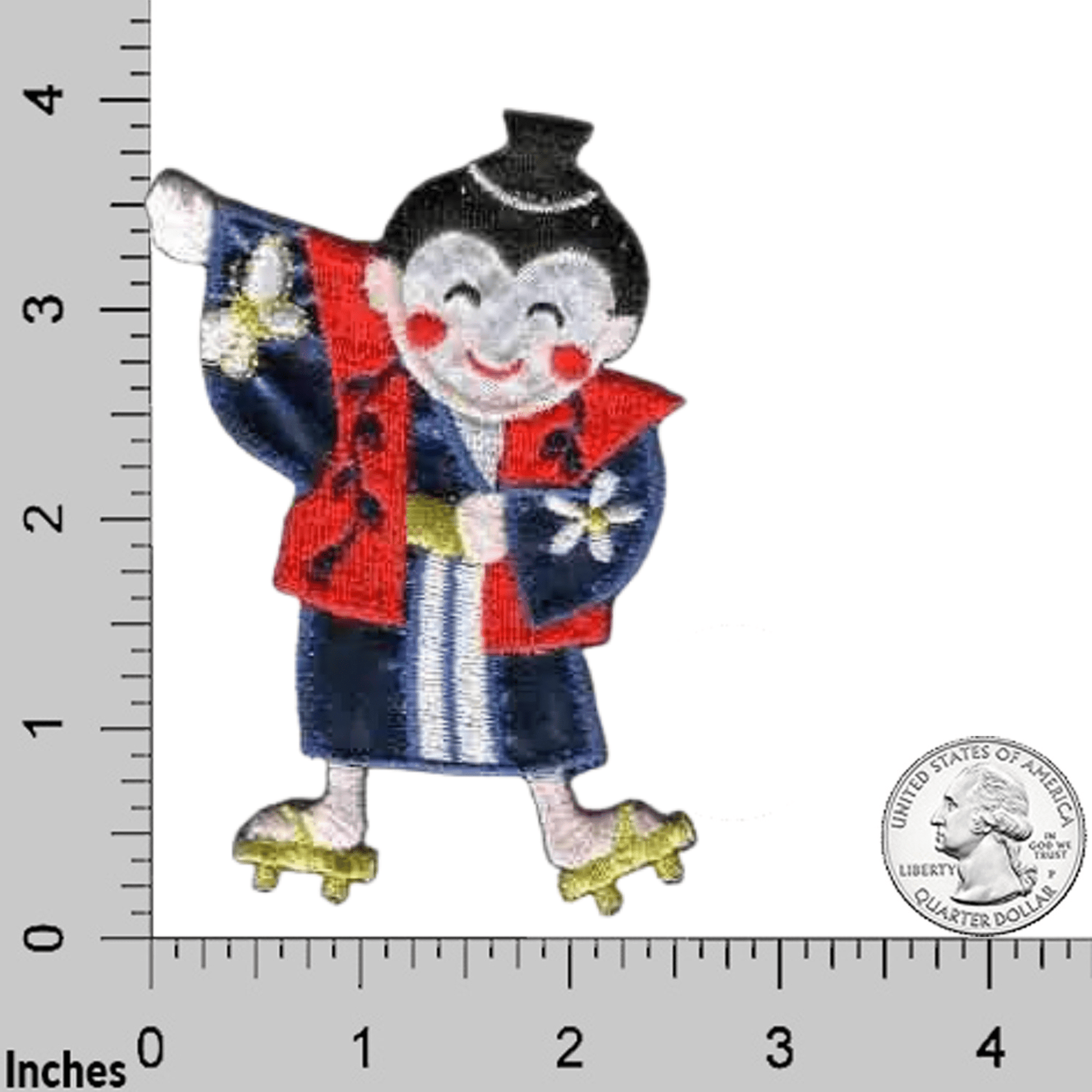 Laughing Lizards Dancing Asian Boy Embroidered Iron On Patch (2-Pack): features a smiling character in traditional attire with one arm raised, ideal for Chinese New Year or kids' clothing. Shown next to a ruler and US quarter for size reference.