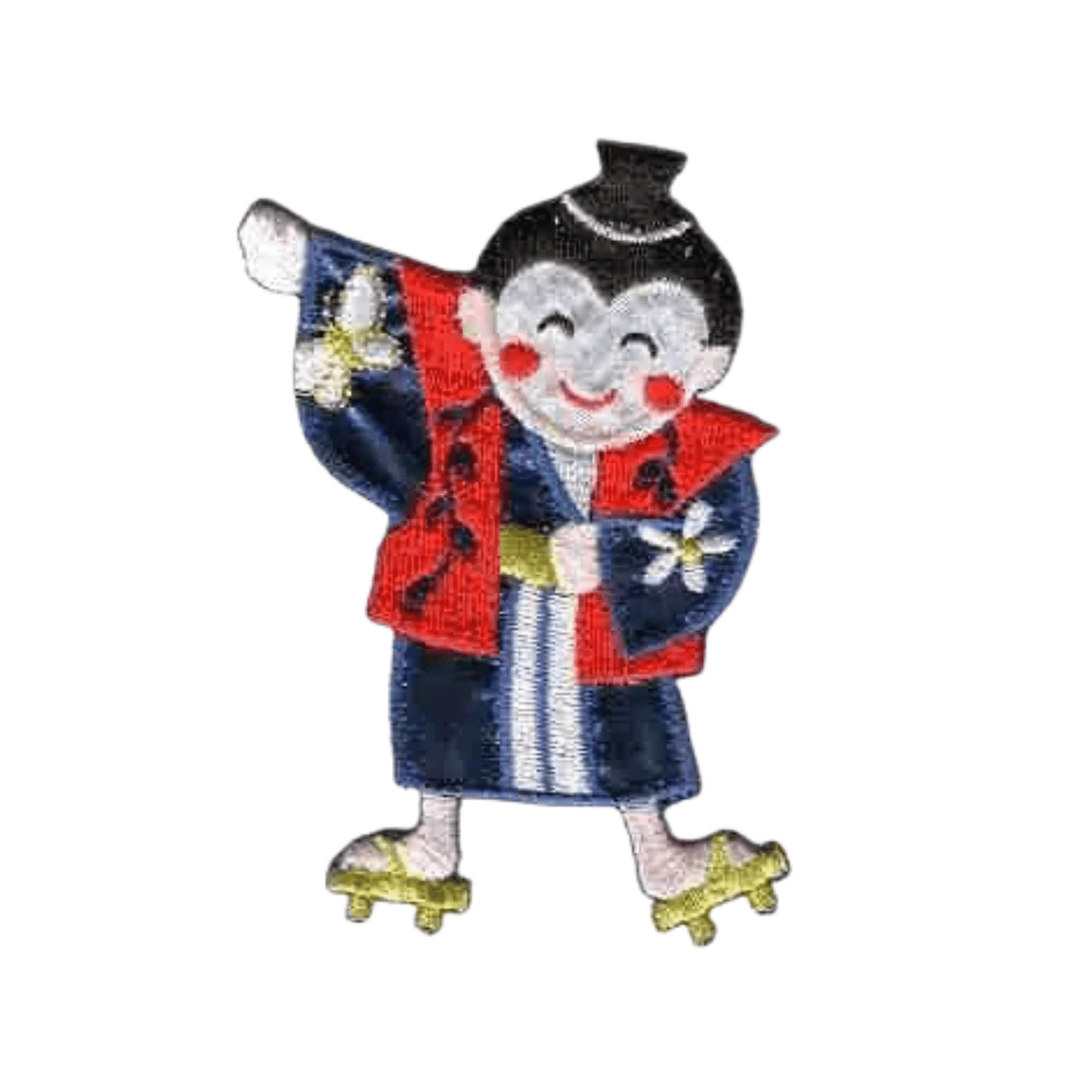 Add charm to kids’ clothes with Laughing Lizards’ Dancing Asian Boy Embroidered Iron On Patch (2-Pack), featuring a smiling figure in traditional Japanese clothing—red vest, blue robe, sandals, and one arm raised.