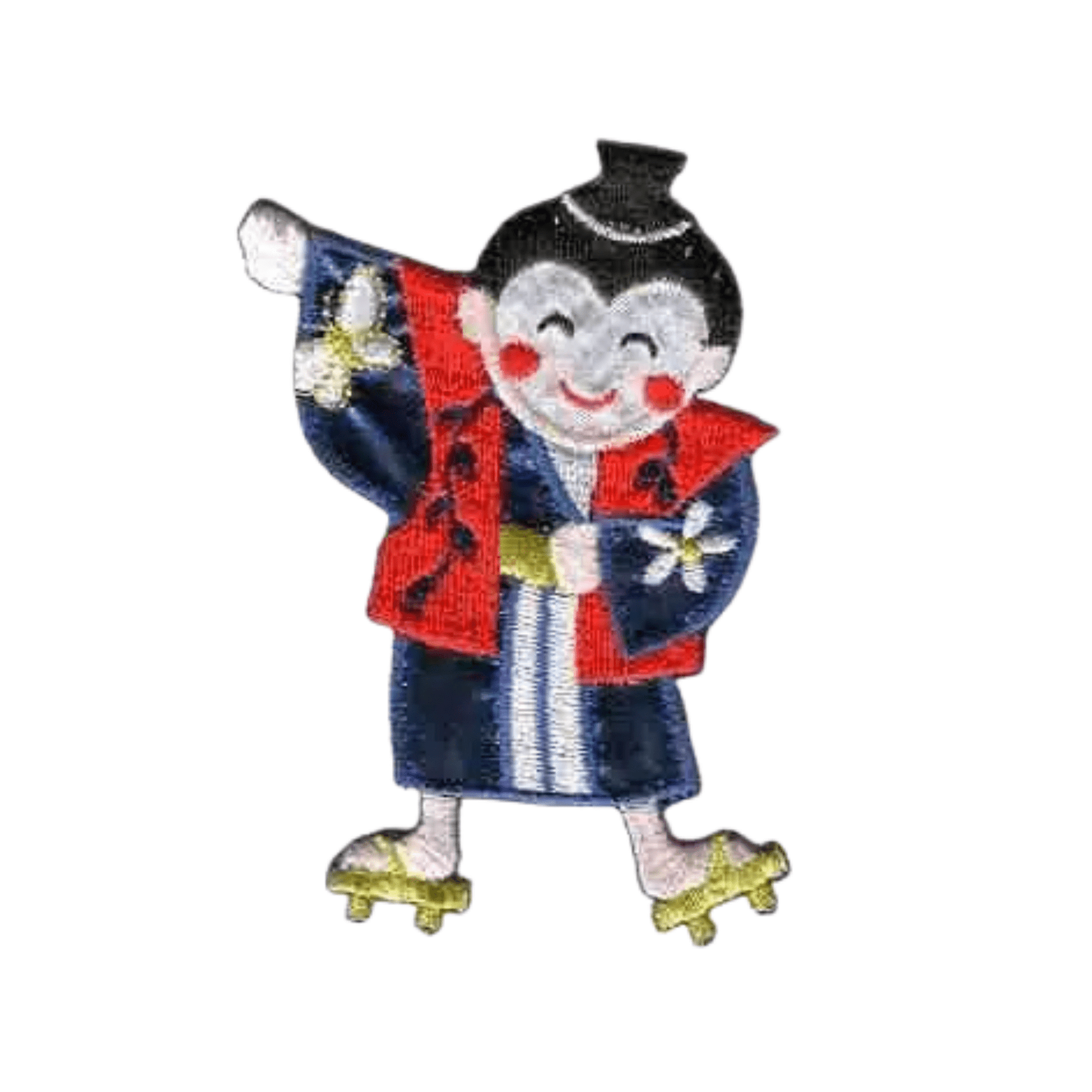 Add charm to kids’ clothes with Laughing Lizards’ Dancing Asian Boy Embroidered Iron On Patch (2-Pack), featuring a smiling figure in traditional Japanese clothing—red vest, blue robe, sandals, and one arm raised.