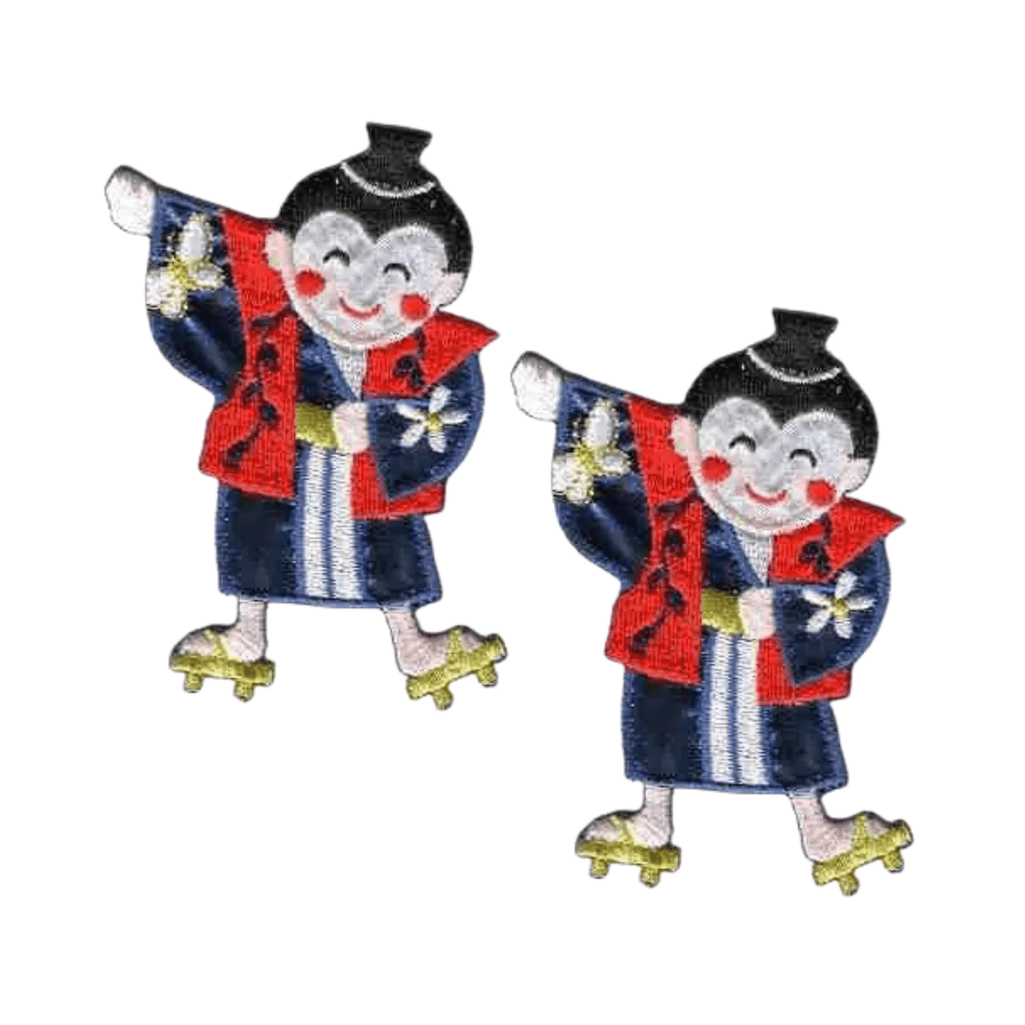 Laughing Lizards' Dancing Asian Boy Embroidered Iron On Patch (2-Pack) features smiling cartoon figures in traditional attire—ideal as a kids’ clothing patch or Asian boy iron on patch.