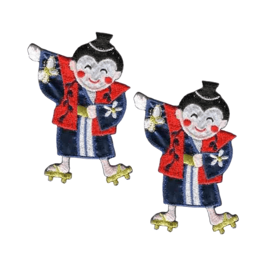 Laughing Lizards' Dancing Asian Boy Embroidered Iron On Patch (2-Pack) features smiling cartoon figures in traditional attire—ideal as a kids’ clothing patch or Asian boy iron on patch.