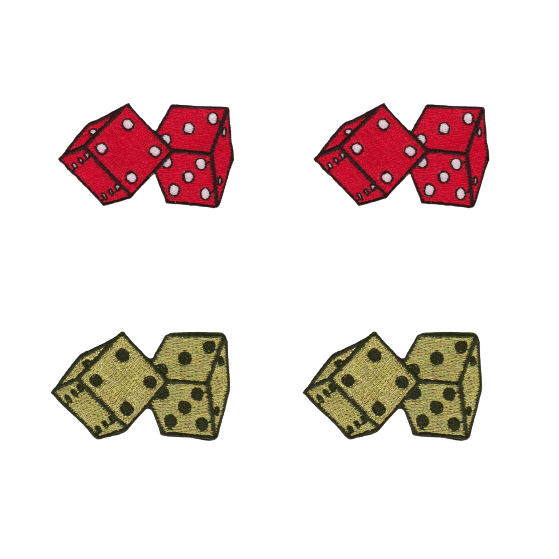 The Laughing Lizards Double Dice Gambling (4-Pack) Iron On Patch features two pairs each of red dice with white dots and yellow dice with black dots, ideal for customizing shirts or accessories. All patches are shown on a white background.