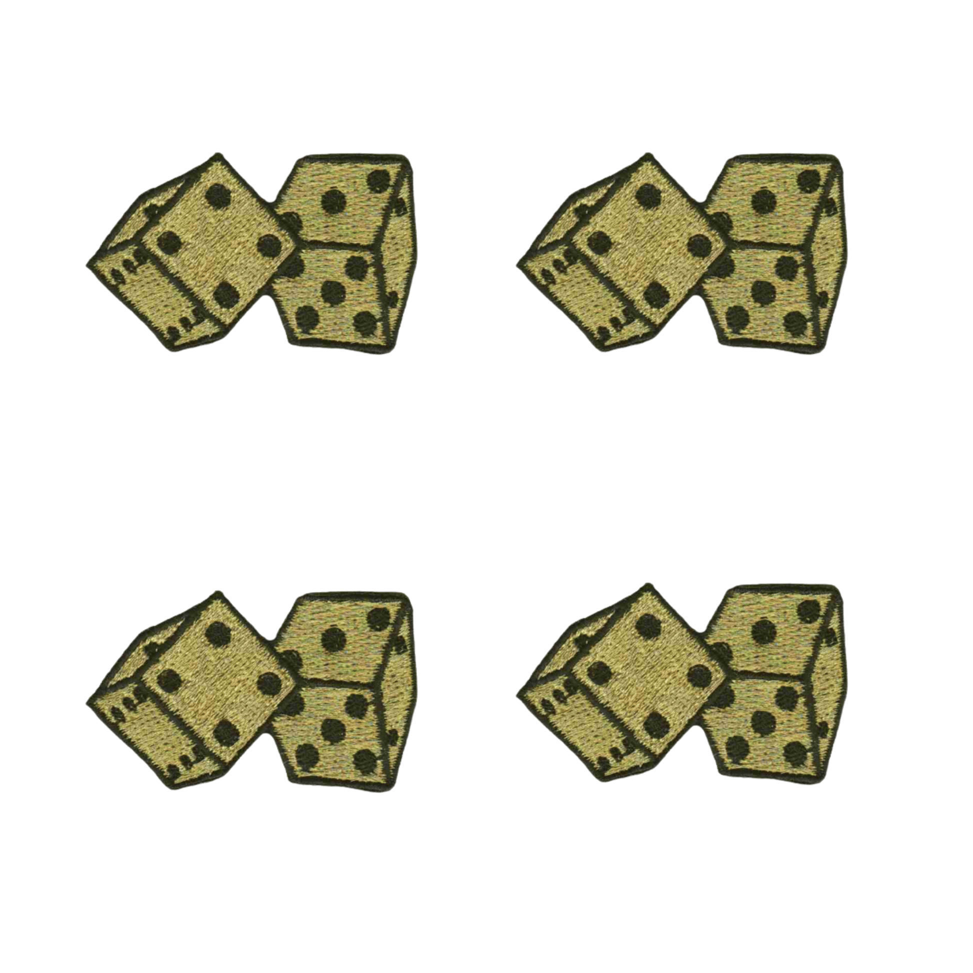 The Laughing Lizards Double Dice Gambling Iron On Patch (4-Pack) features four identical embroidered patches in red or gold—perfect for adding a lucky dice accent to your shirt or accessories.