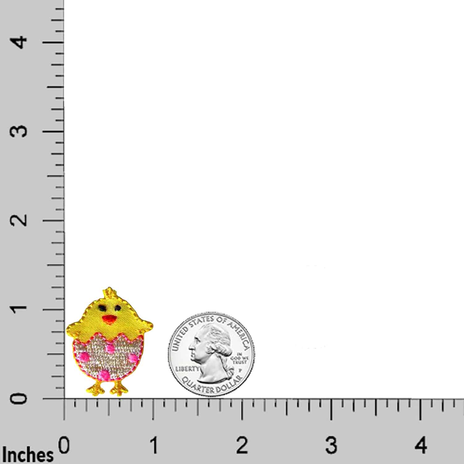 An Easter Chick Iron On Patch Applique with a quarter next to a ruler.