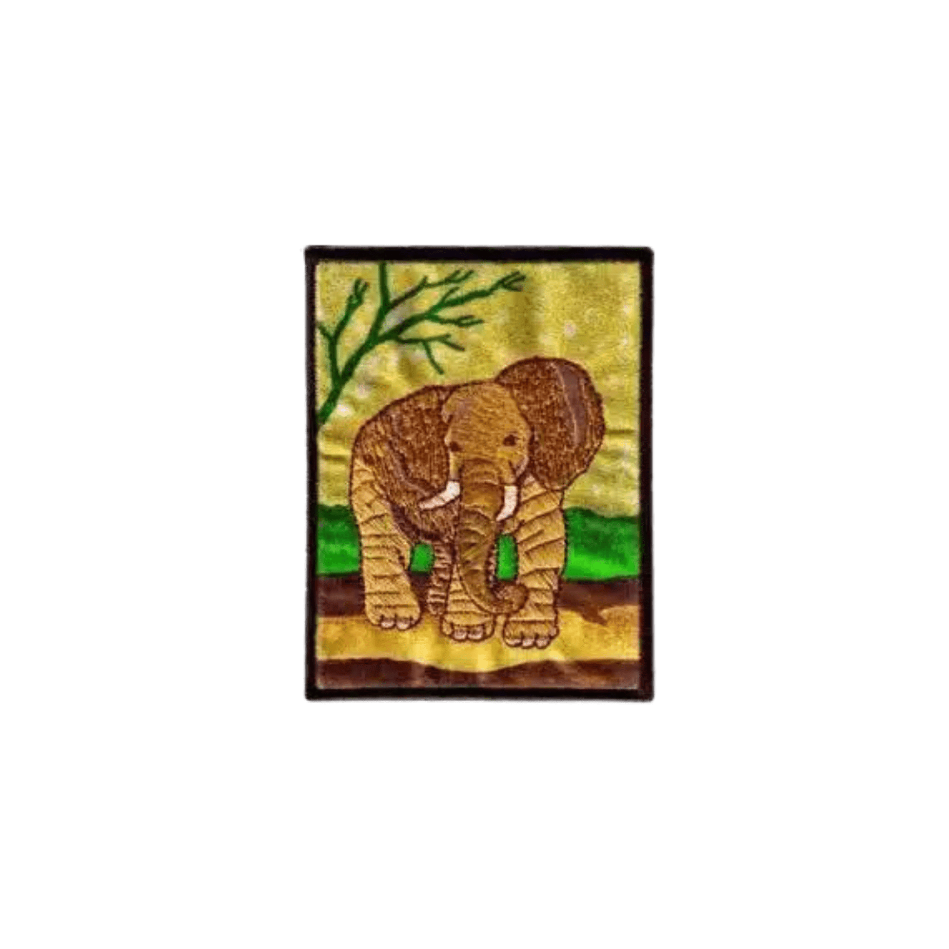 The Laughing Lizards Elephant in Natural Environment Jungle Iron On Patch is a rectangular embroidered patch featuring an elephant on brown ground with a green bush and tree branch in the background.