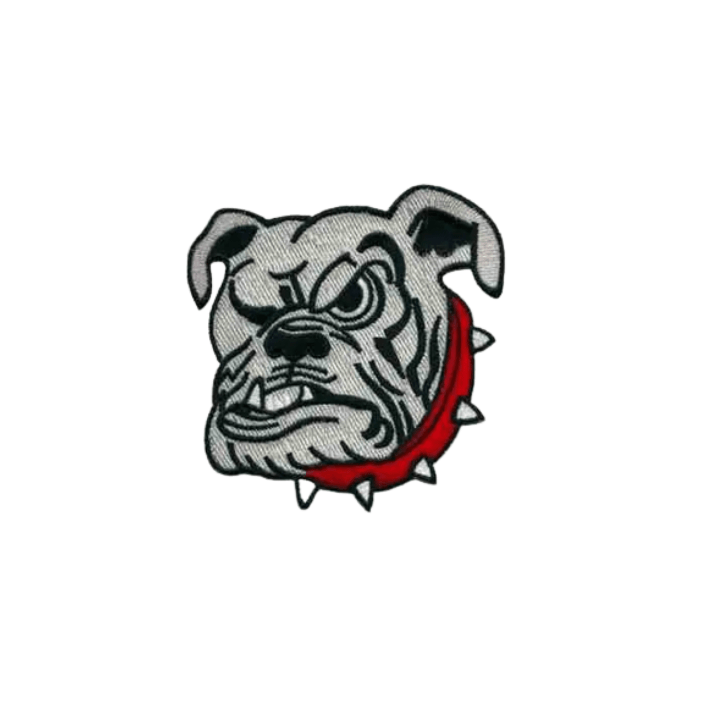 Show off your style with Laughing Lizards’ English Bulldog Face (2-Pack) Iron on Patch—small, forward-facing bulldog heads with red spiked collars, perfect for jackets and bags.