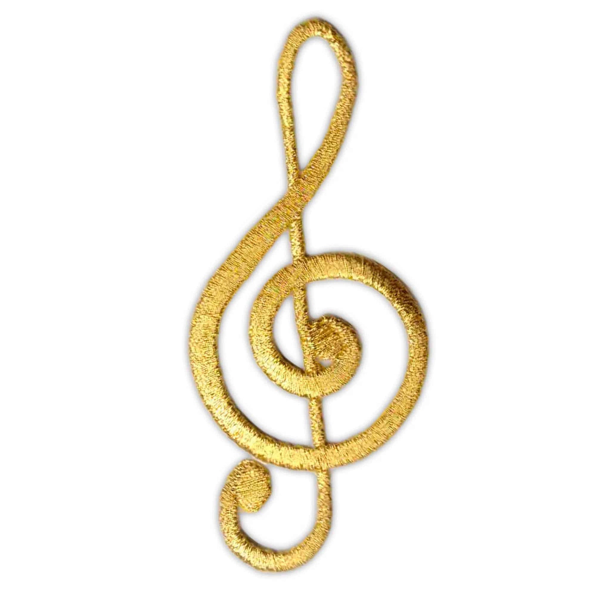 The Laughing Lizards Metallic Gold Treble Clef (3-Pack) Iron On Patch: Large features an embroidered design on white—perfect for musicians and music lovers to personalize jackets, bags, or hats.