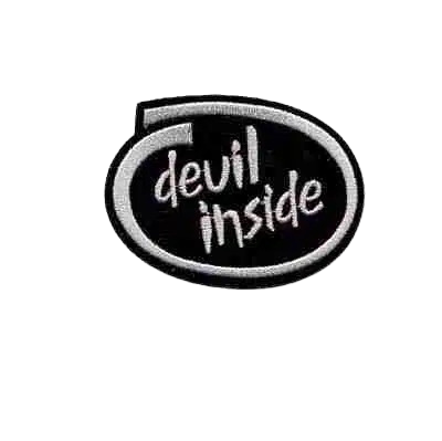 The Devil Inside (3-Pack) Iron On Patch by Laughing Lizards features a black oval design with a white border and “devil inside” in stylized white lowercase letters—perfect for making a bold statement on any item.