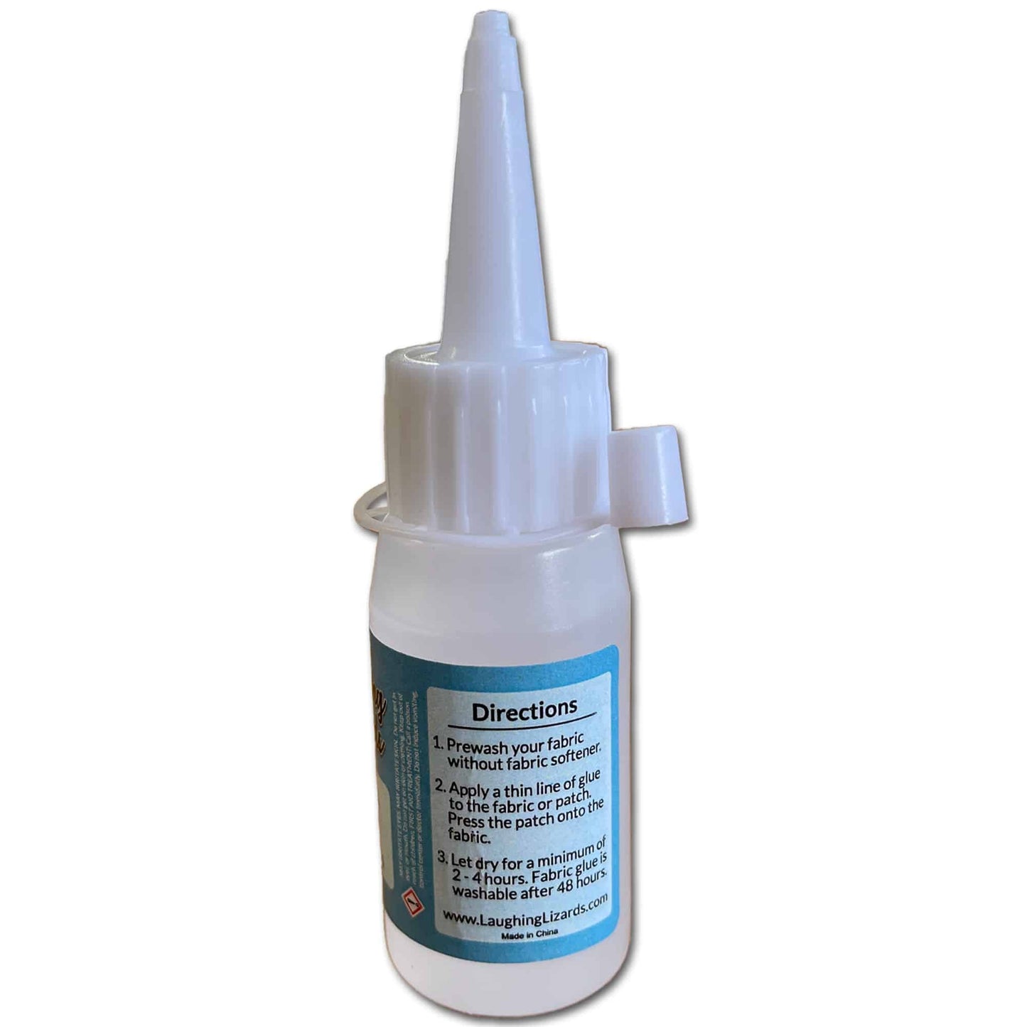 A bottle of Fabric Glue - 1oz with a white cap.
