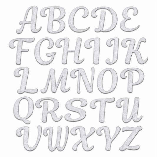 Laughing Lizards Felt Cursive Letter Patch 26 Piece Kit—includes all A-Z script iron-on felt appliques with glue backing. Decorative cursive style, perfect for personalizing clothes, displayed in five rows on a white background.