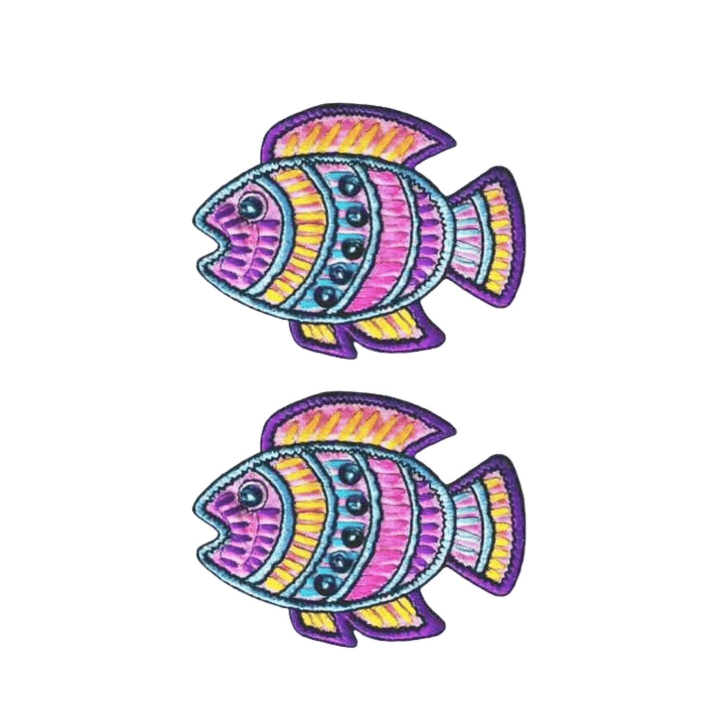 Add a splash of color with Laughing Lizards’ Fish Sealife (2-Pack) Iron On Patch—two identical, vibrant cartoon fish with stripes and dots, outlined in purple, ideal for DIY decoration on clothes or accessories.