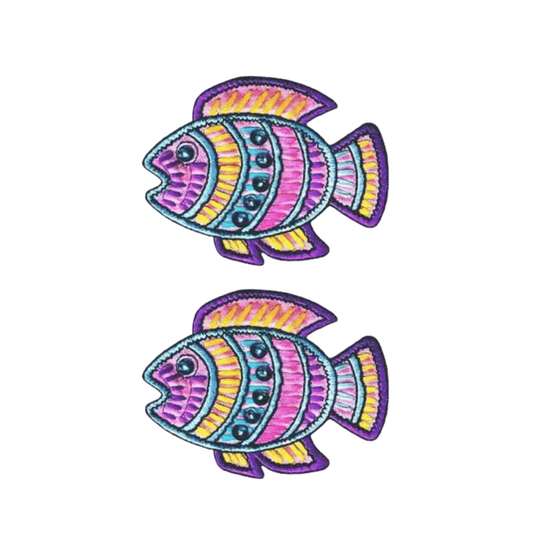 Add a splash of color with Laughing Lizards’ Fish Sealife (2-Pack) Iron On Patch—two identical, vibrant cartoon fish with stripes and dots, outlined in purple, ideal for DIY decoration on clothes or accessories.