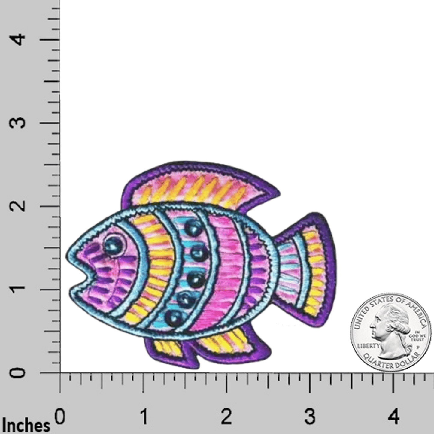 The Laughing Lizards Fish Sealife (2-Pack) Iron On Patch is shown on an inch grid with a U.S. quarter for scale—a vibrant DIY accessory to decorate your projects.