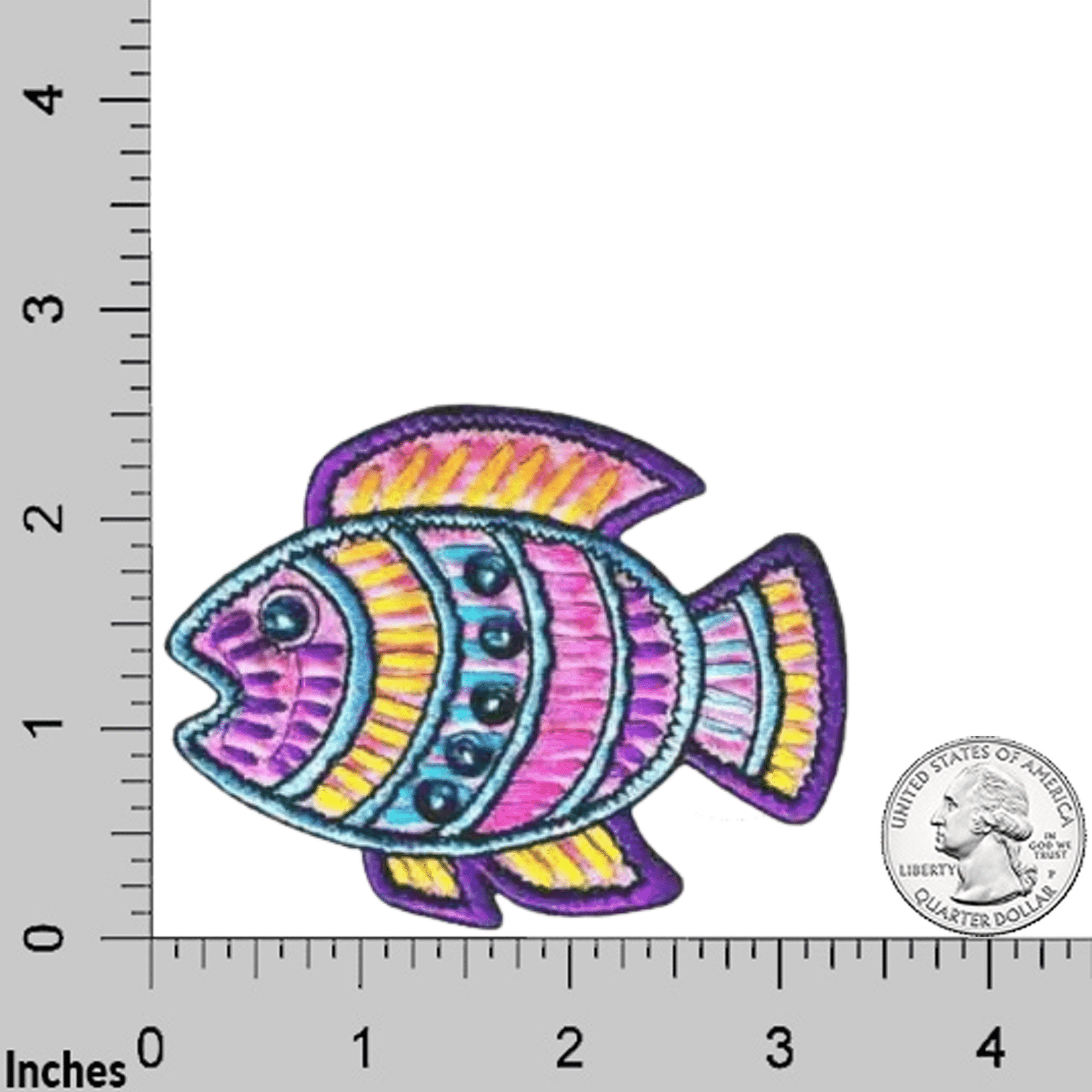 The Laughing Lizards Fish Sealife (2-Pack) Iron On Patch is shown on an inch grid with a U.S. quarter for scale—a vibrant DIY accessory to decorate your projects.