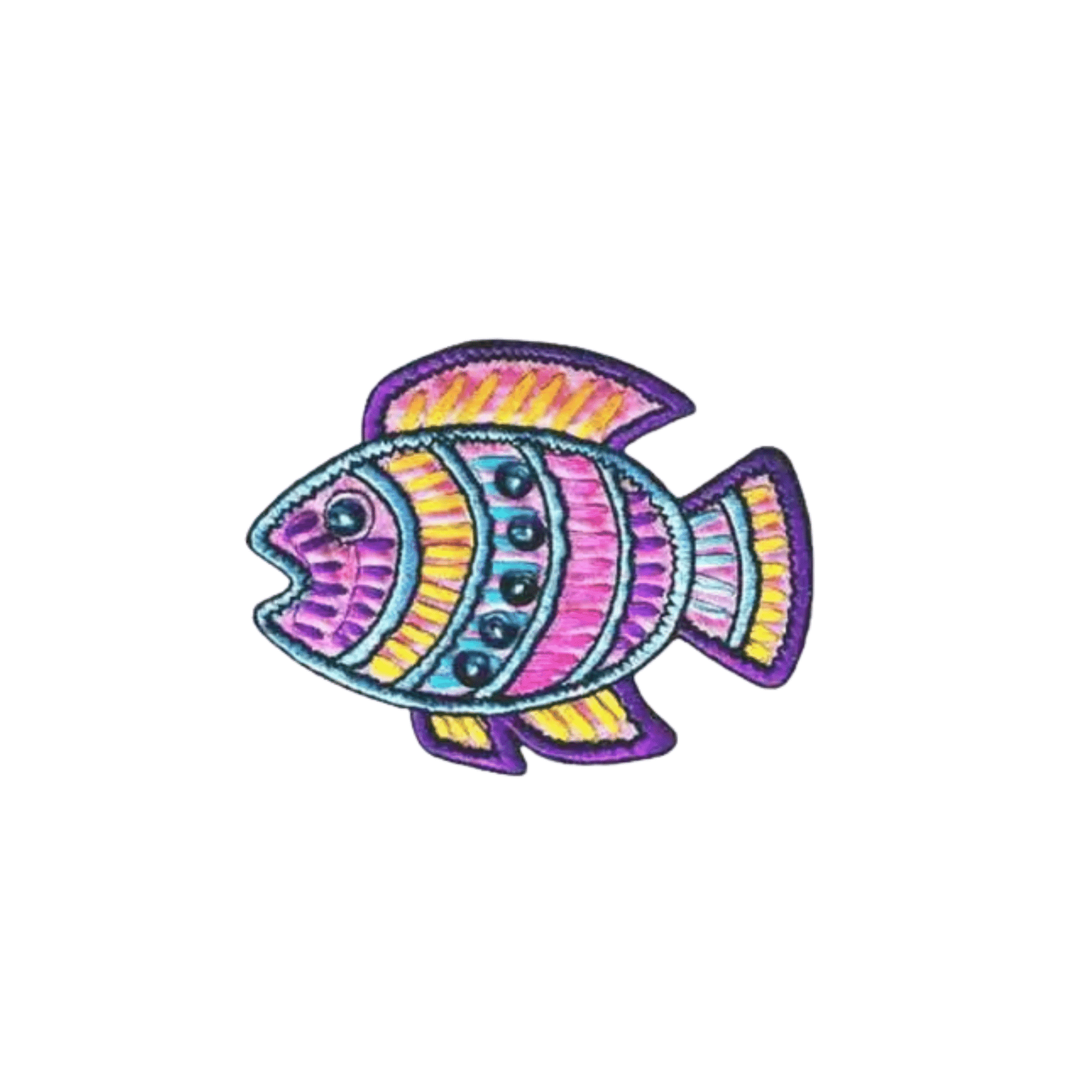 Add a splash of color to jackets, bags, or hats with Laughing Lizards Fish Sealife (2-Pack) Iron On Patches—featuring vibrant pink, yellow, teal, and purple embroidery on a white background.