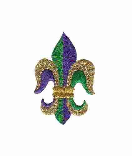 A Mardi Gras Fleur De Lis Iron on Patch Applique in Purple, Gold and Green - 2" H on a white background.