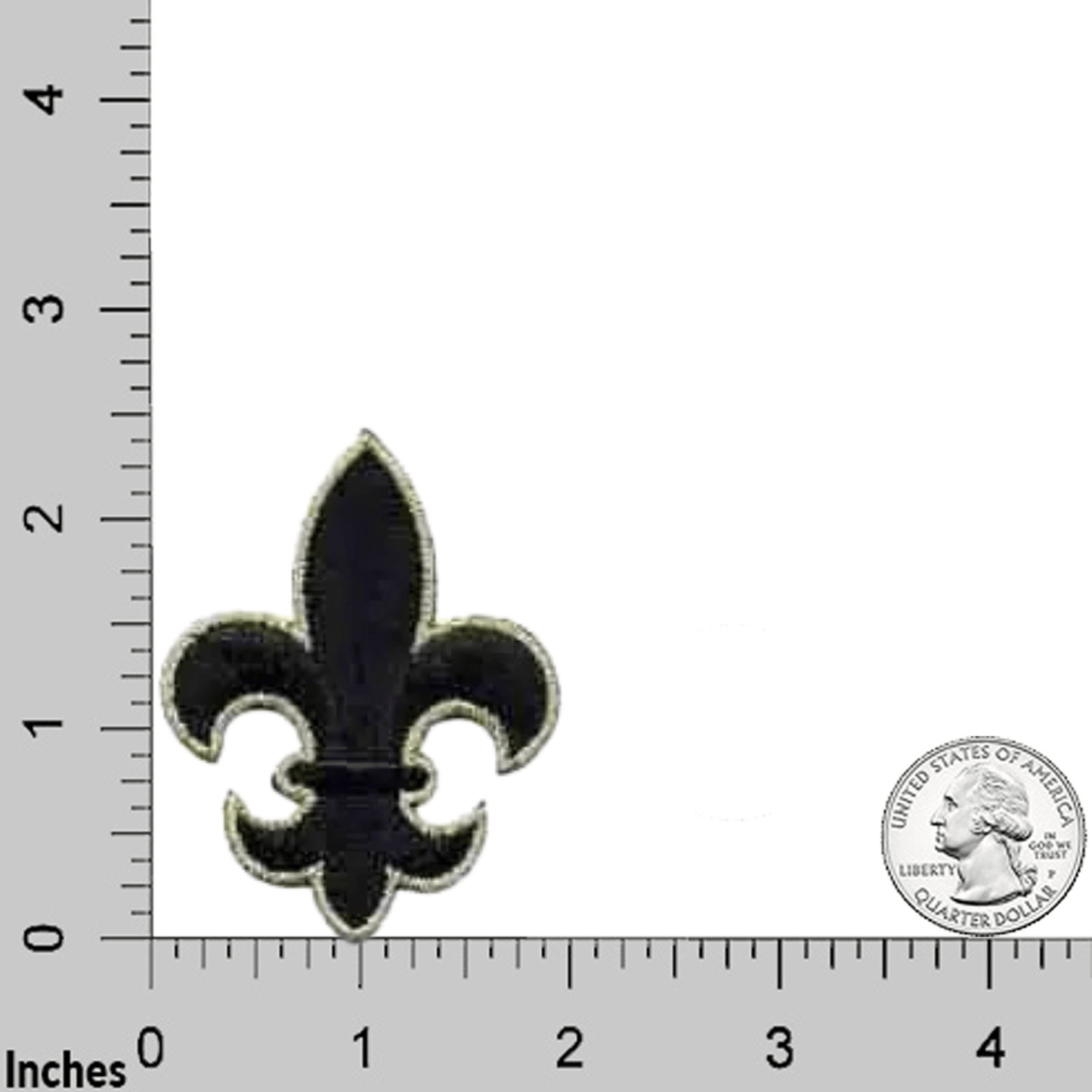 The Laughing Lizards Fleur De Lis Iron on Patch Applique in Black and Gold (3-Pack), each 2.5" tall, is shown next to a U.S. quarter and inch ruler for scale. These embroidered patches combine elegant detail with easy application.