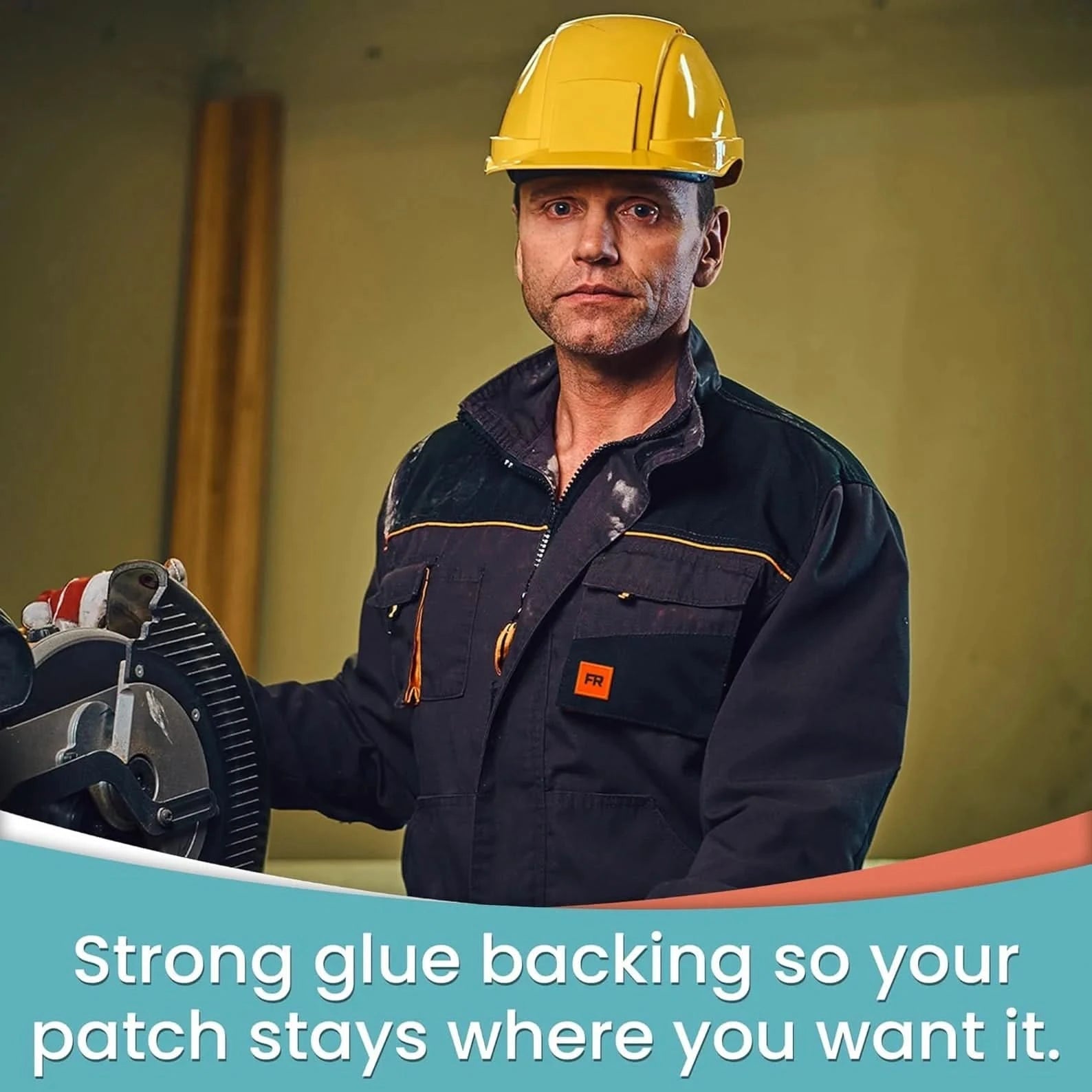 A construction worker in a yellow hard hat and dark jacket holds equipment. Text: "Strong glue backing keeps your Laughing Lizards FR Patches for clothing iron on (10-Pack) securely in place, so your badge stays put.