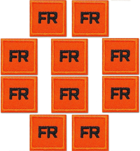 Laughing Lizards' FR Patches for clothing iron on (10-Pack) are shown in a 3x3 grid of orange patches with black "FR" letters, with three flame resistant badges in the middle column.