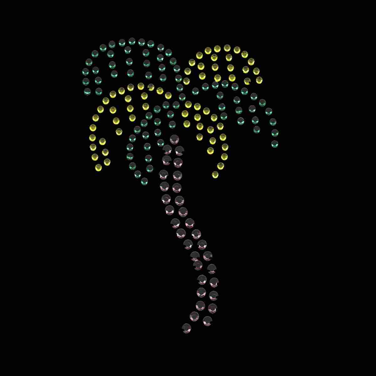 A Funky Palm Tree Rhinestud Iron On Applique with rhinestones on a black background.