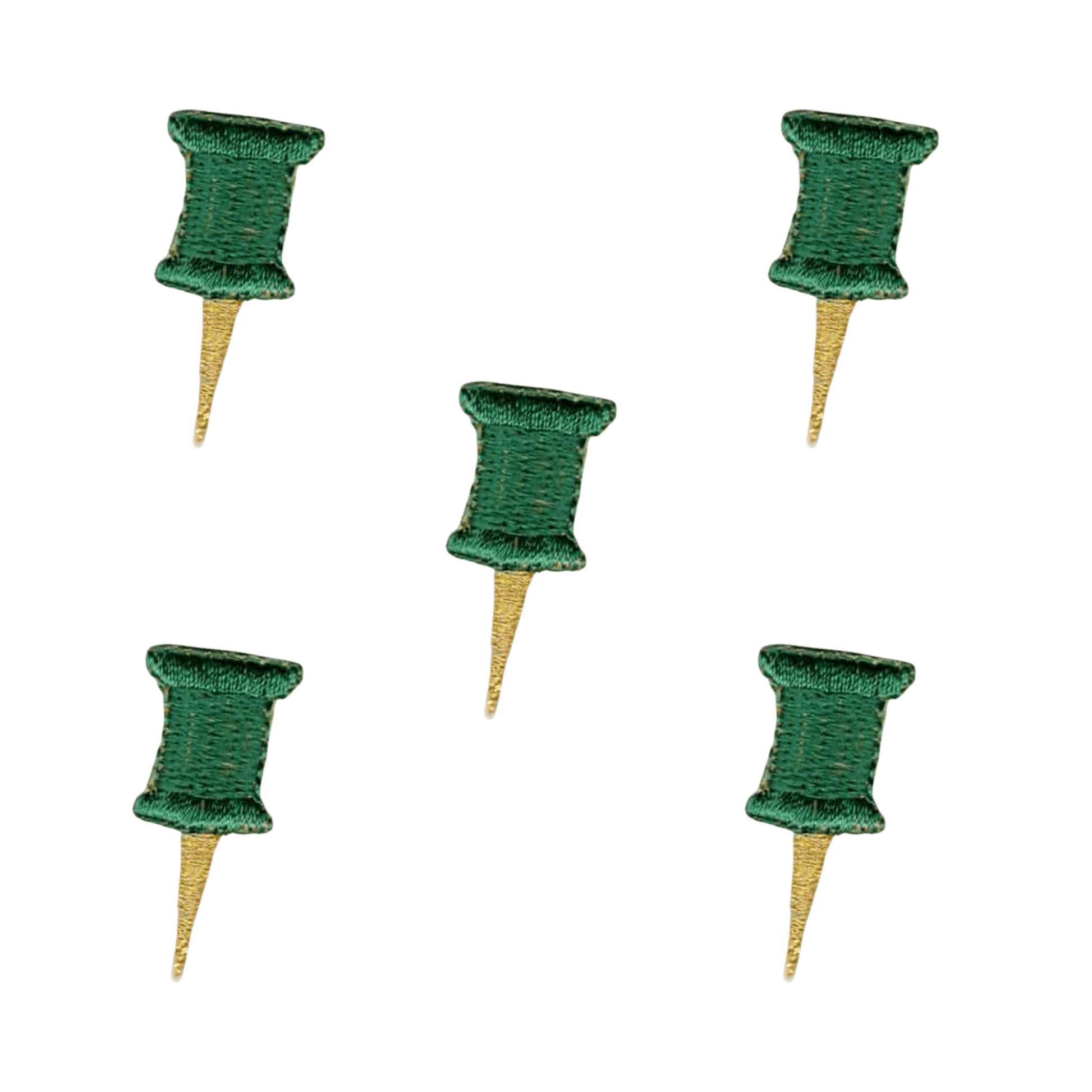 The Laughing Lizards Green Push Pin (5-Pack) Iron On Patch features five green and gold embroidered designs, easily applied with ironing and perfect for customizing your items.