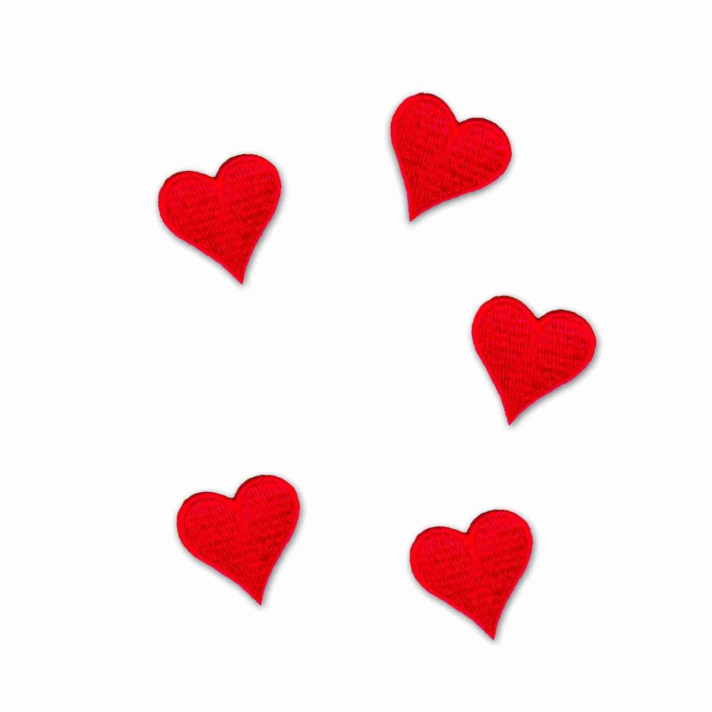 Five Heart Embroidered Iron on Patches (5-Pack) arranged in a circle on a white background.