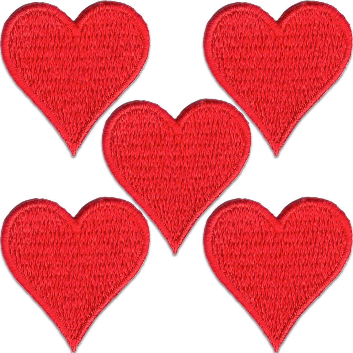 The Laughing Lizards Heart Embroidered Iron on Patch 5-Pack features red heart appliques arranged in two rows on a white background, ideal for DIY craft projects.