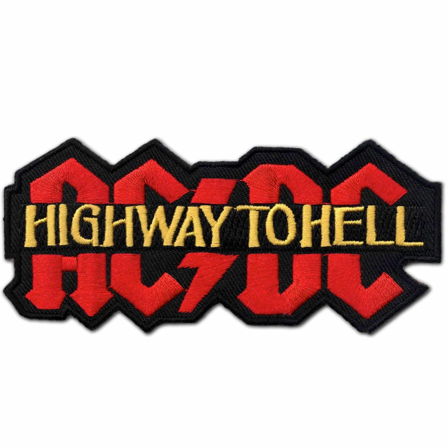 The Laughing Lizards "Highway To Hell - ACDC Iron On Patch" showcases yellow "HIGHWAY TO HELL" text above a striking red and black AC/DC logo.